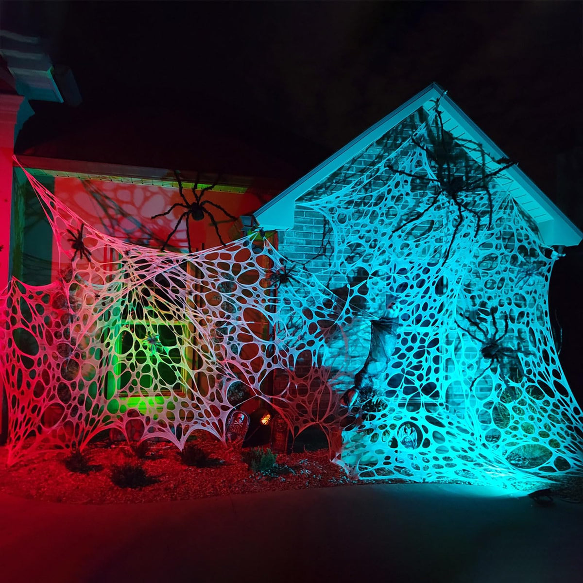 CESOF 2 Pack Giant Spider Web Halloween Decorations Outdoor, Pre-Cut Beef Netting Spiderwebs Super Stretchy DIY Spider Webbing with Stakes, Gauze Cobwebs for Haunted House Yard Garden Home Party Decor
