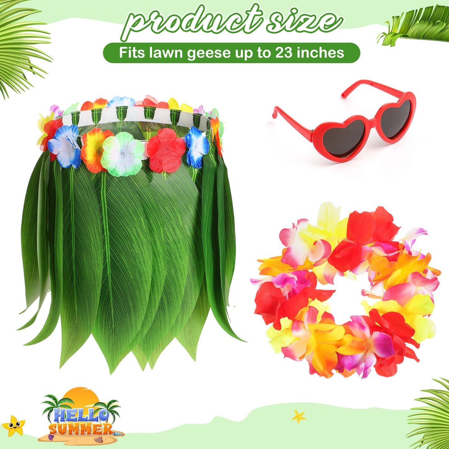 Silicherry 3 Pcs Hawaiian Goose Outfit, 23'' Porch Lawn Luau Goose Statue Clothes Grass Skirt Costume for Tropical Summer Patio Yard Outdoor Decoration