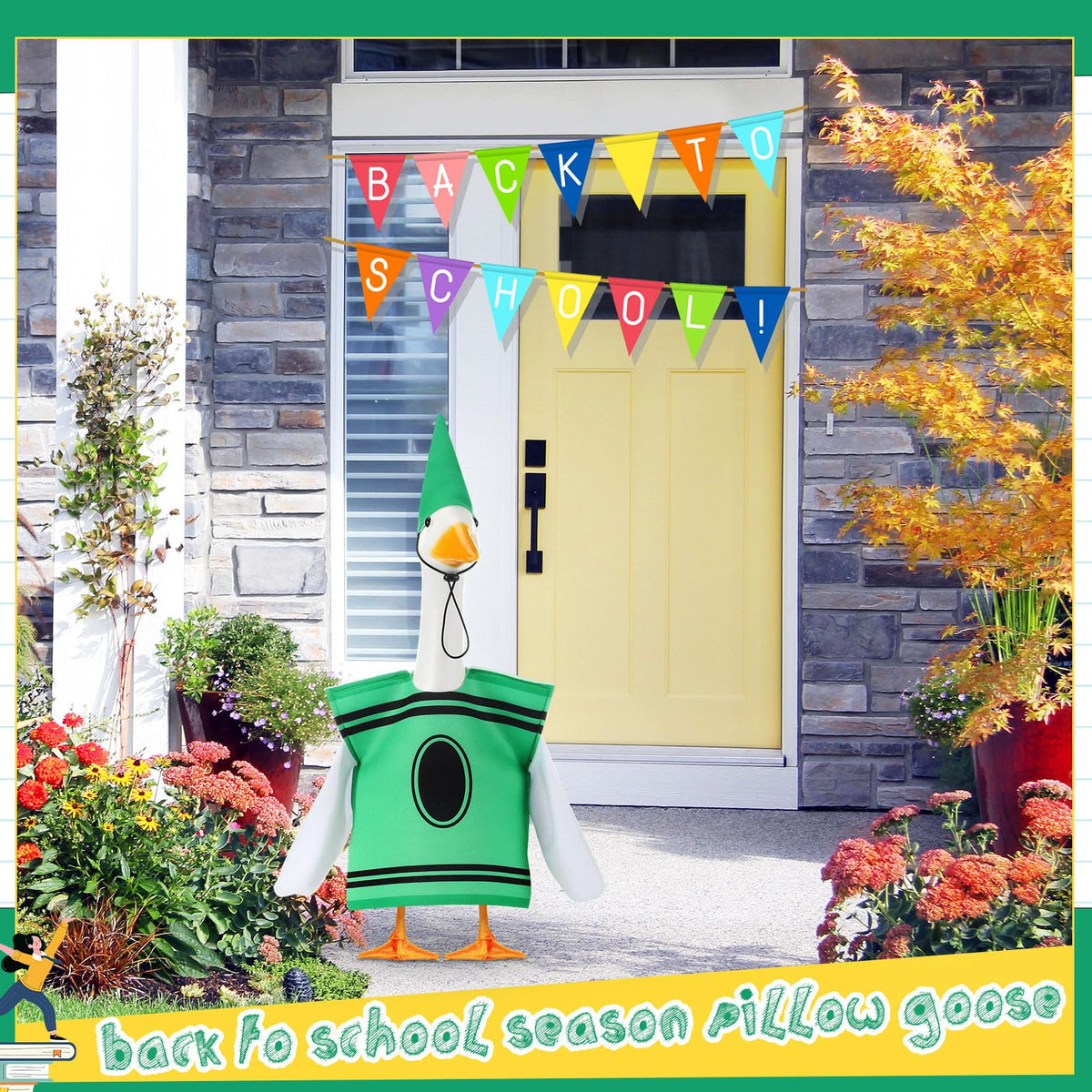 Geyoga Back to School Porch Goose Outfit 23" Classroom Goose Clothes Lawn School Garden Patio Yard Outdoor Decorations(Green,Crayon)