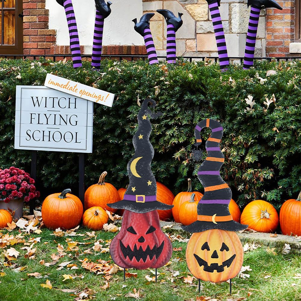 YEAHOME Halloween Decorations Outdoor, 2 Pack Metal Pumpkin Garden Stakes with Witch Hats for Halloween Decor, Jack o' Lantern Pumpkin Yard Signs for Outside Garden Lawn Patio Party Decorations
