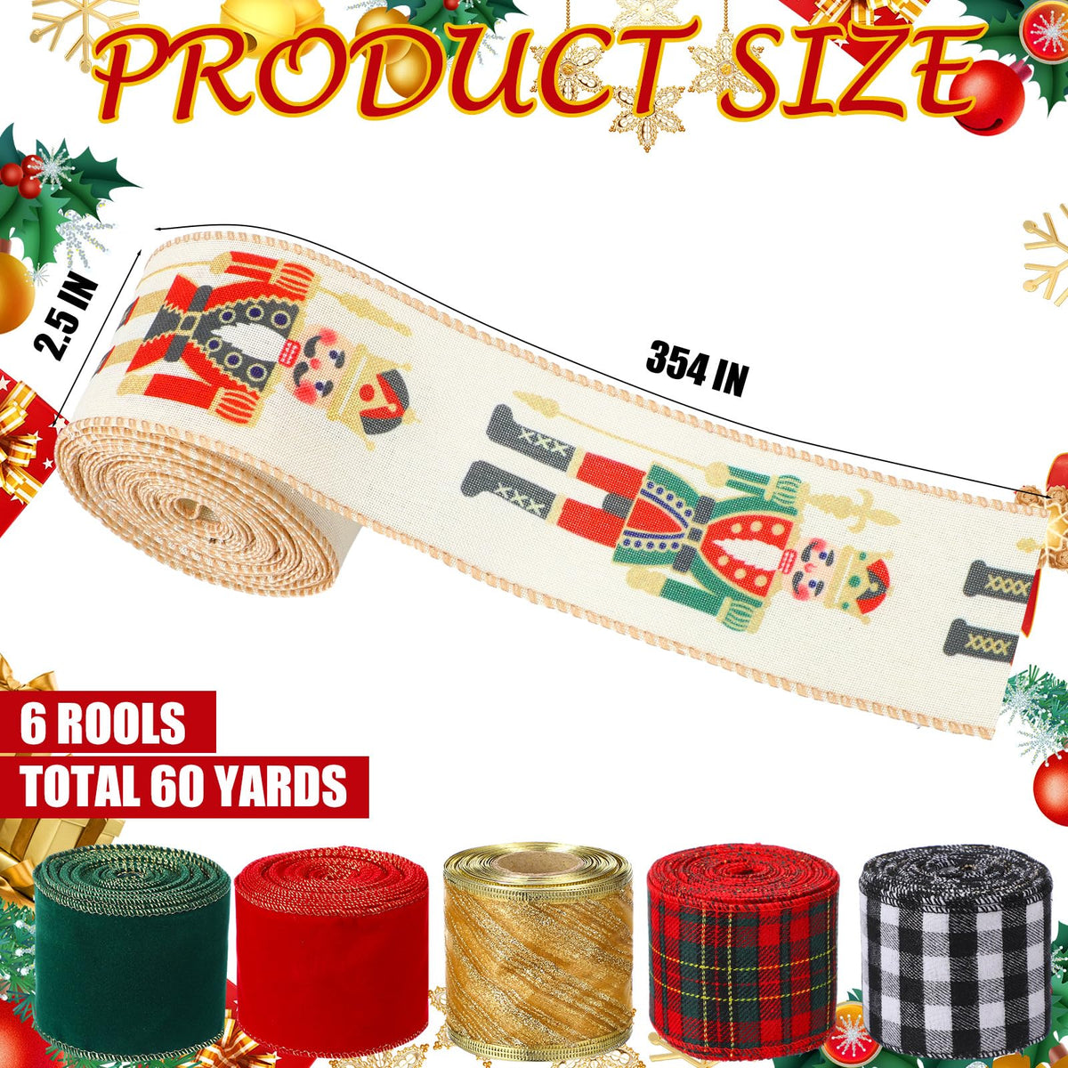 Suncalla 6 Rolls Nutcracker Christmas Ribbon Set 2.5 Inch x 10 Yards Wired Holiday Ribbons for Nutcracker Bows Wreaths Tree Decorations and Gift Wrapping Wide Red Green Gold Plaid Soldier Designs