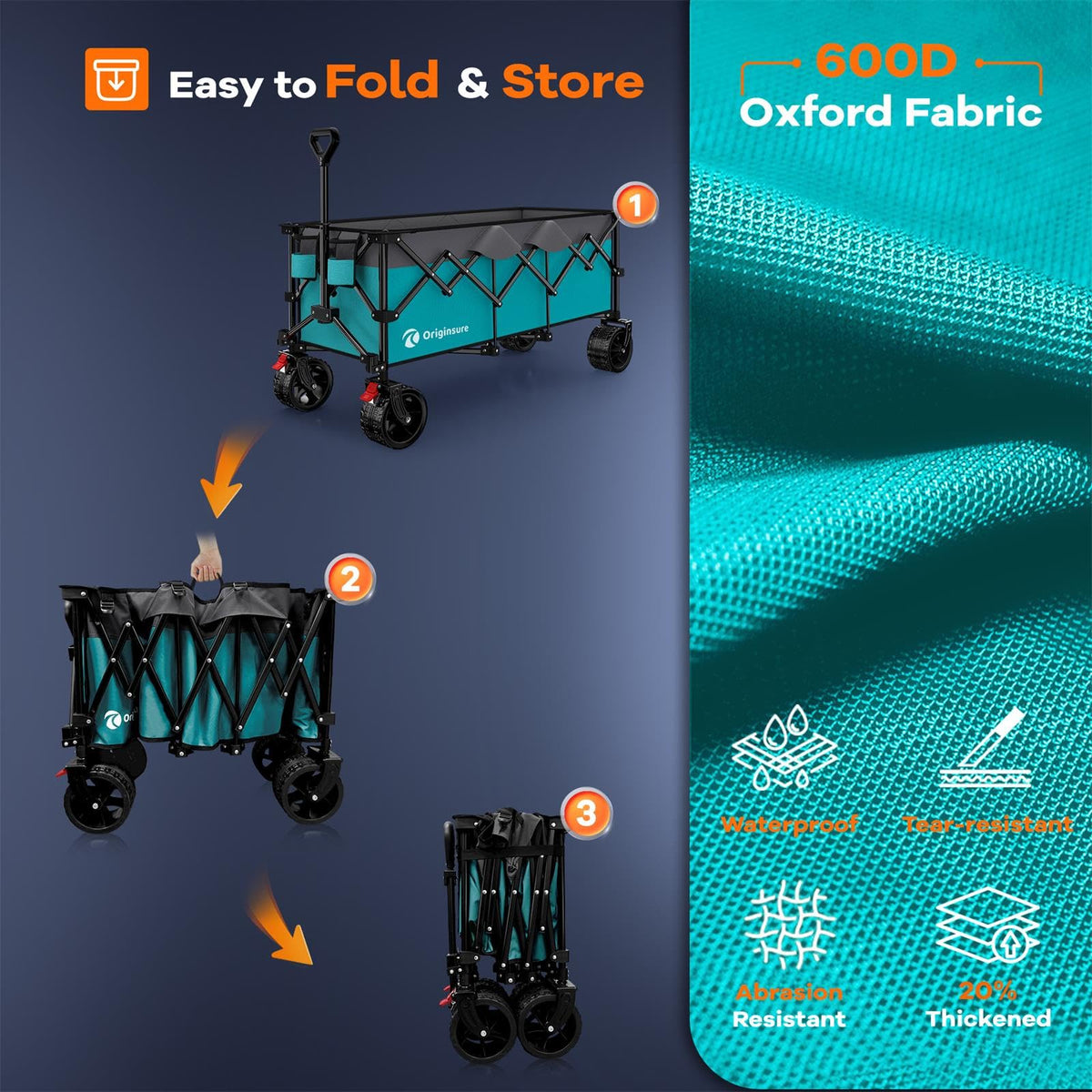 Originsure 48" L Collapsible Beach Wagon Cart Foldable, 560LB Weight Capacity 300L Heavy Duty Folding Wagons with Big All-Terrain Wheels, Utility Carts for Groceries, Camping, Sports - Grey&Turquoise
