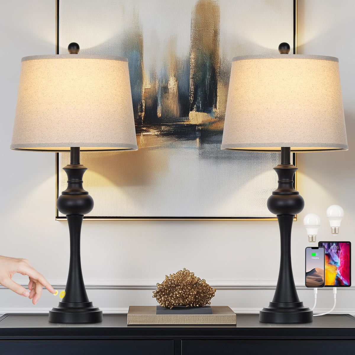 CINSARY Modern 3-Way Dimmable Table Lamp Set of 2, Black Metal with Beige Fabric Shade, USB A+C Ports, Model TD-CS-556