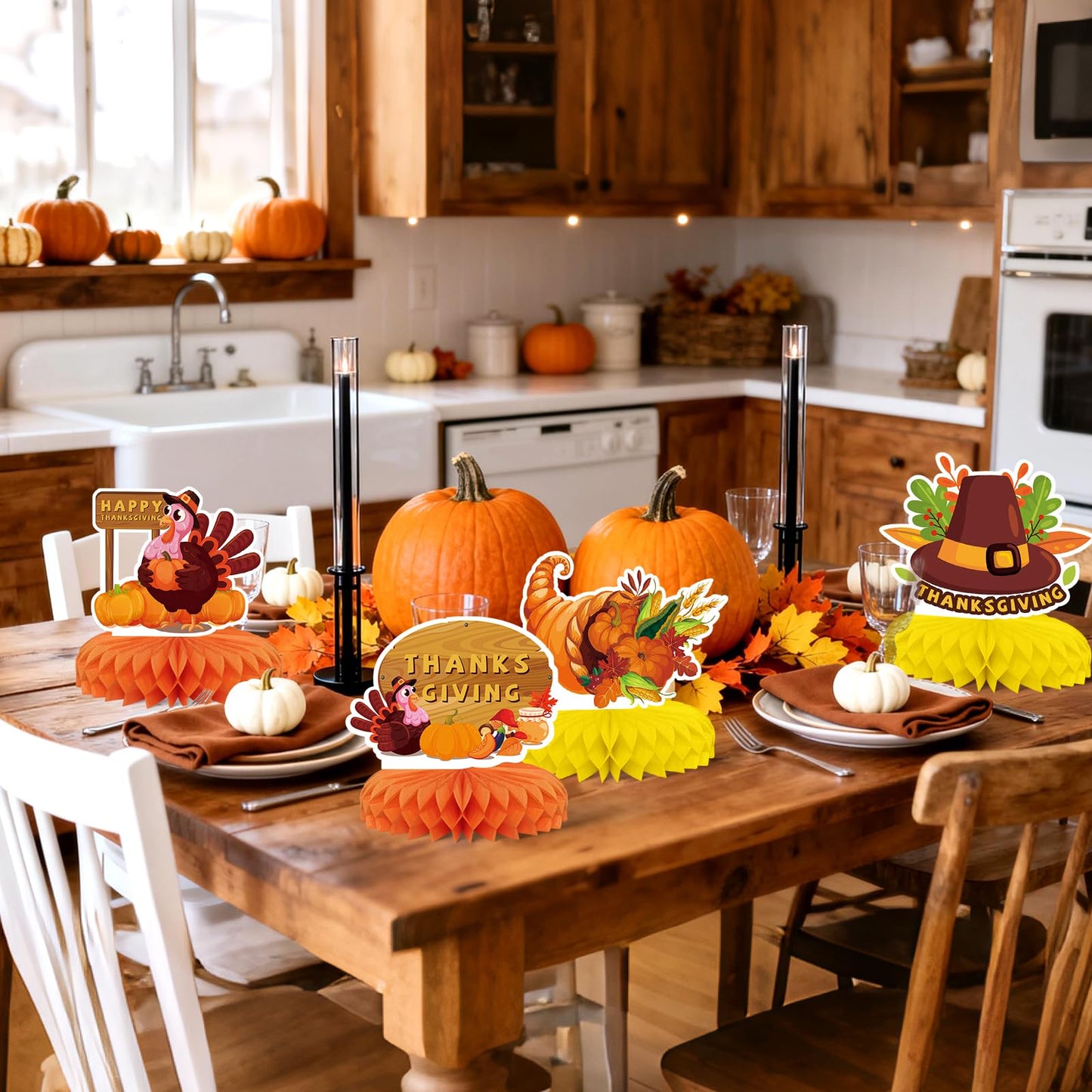 9 PCS Fall Party Decorations,KSKSPE Thanksgiving Honeycomb Table Centerpiece 3D Pumpkin Turkey Table Centerpiece for Thanksgiving Theme Party Decor