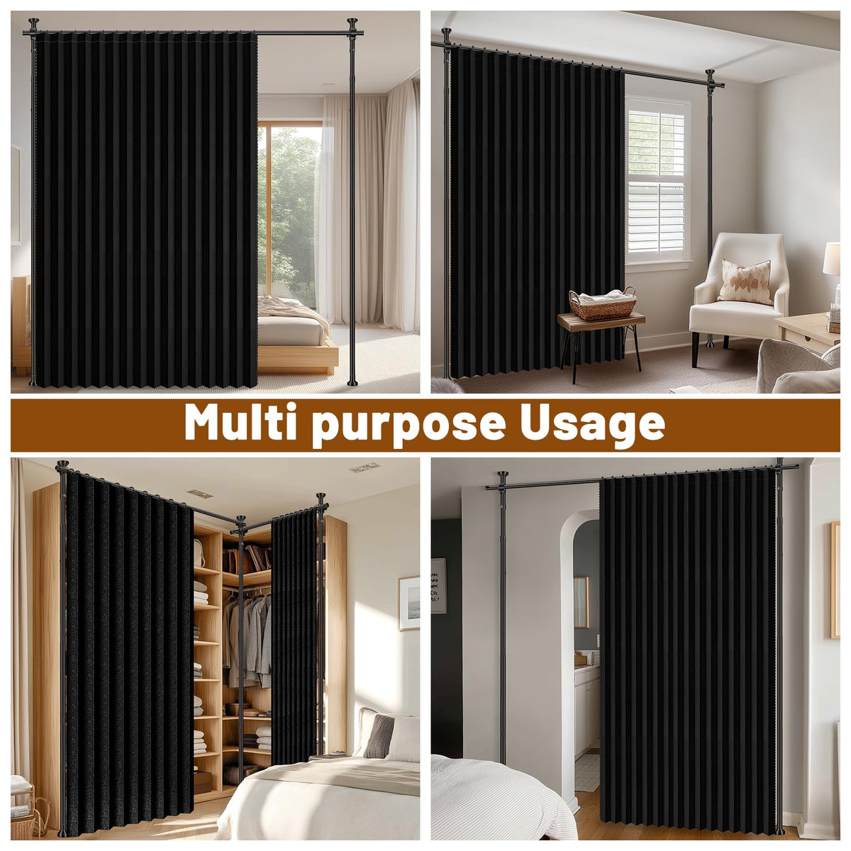 AJAZZ Room Divider Curtain (Black, W100 x L84 in, 1 Panel)+ Tension Curtain Rod No Drilling (H) 43-120×(W) 35-100 in, for Privacy/Soundproof Curtains, Heavy Duty Wall Separator