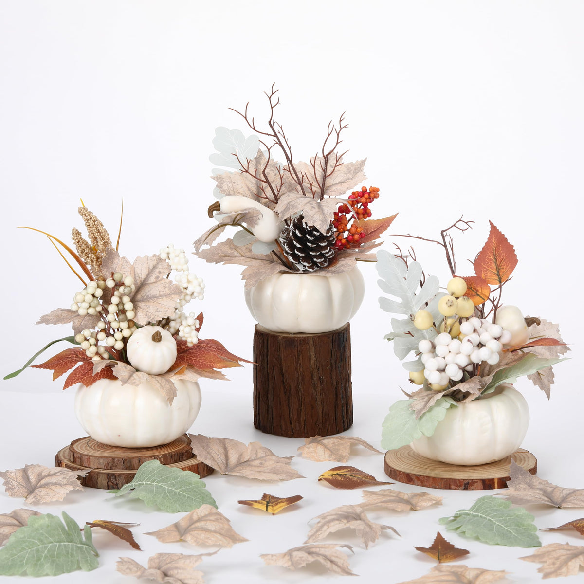 Wavwavw 3 Pcs 9 Inch Fall Artificial Pumpkins Fake Pumpkin Centerpiece Decor Cozy Maple Leaves Styles Farmhouse Neutral Fall Decor Autumn Rustic Thanksgiving Decoration for Home(White)