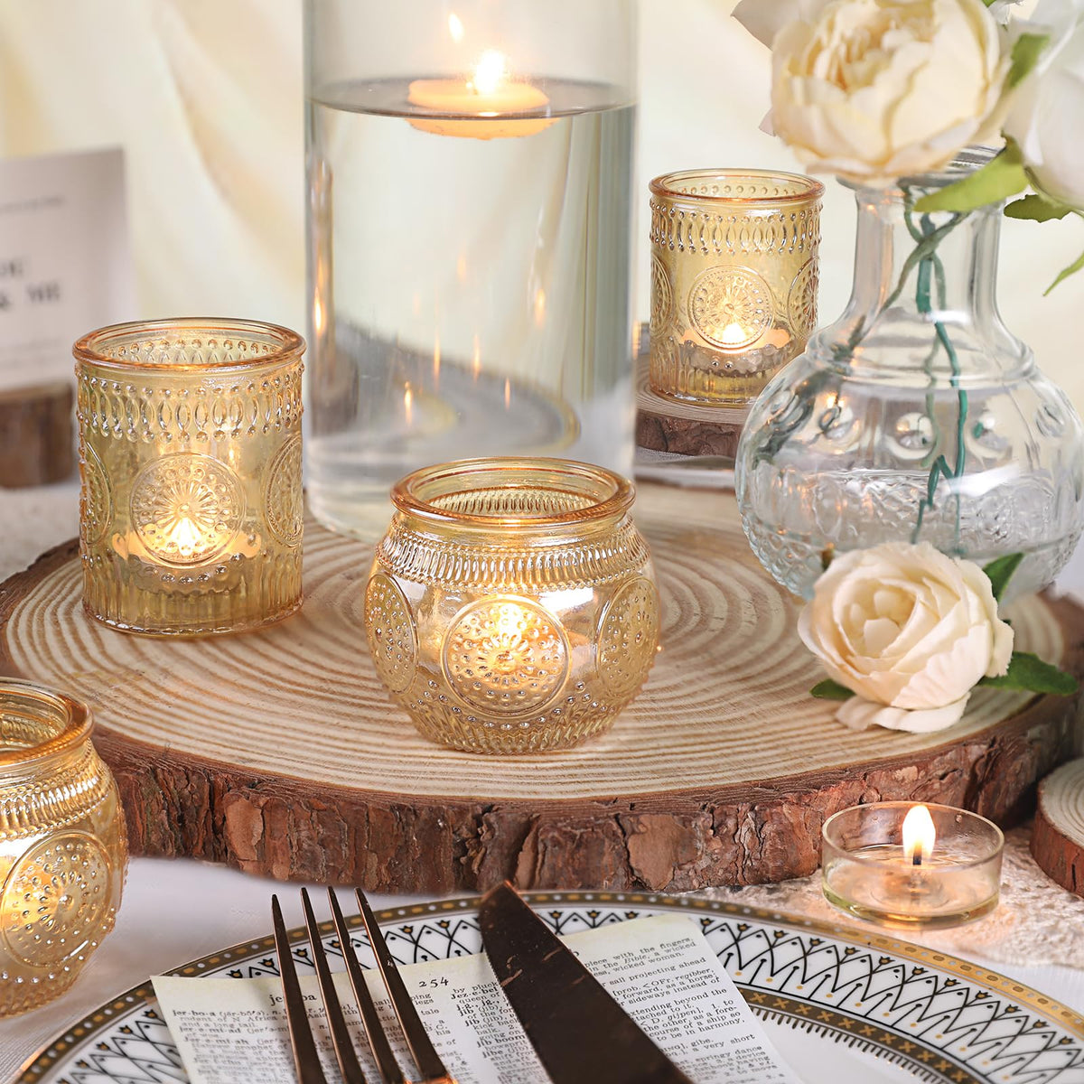 DARJEN 12Pcs Gold Votive Candle Holders - Glass Candle Holder for Table Centerpiece, Tea Lights Candle Holders for Home, Party & Wedding Shower Decoration