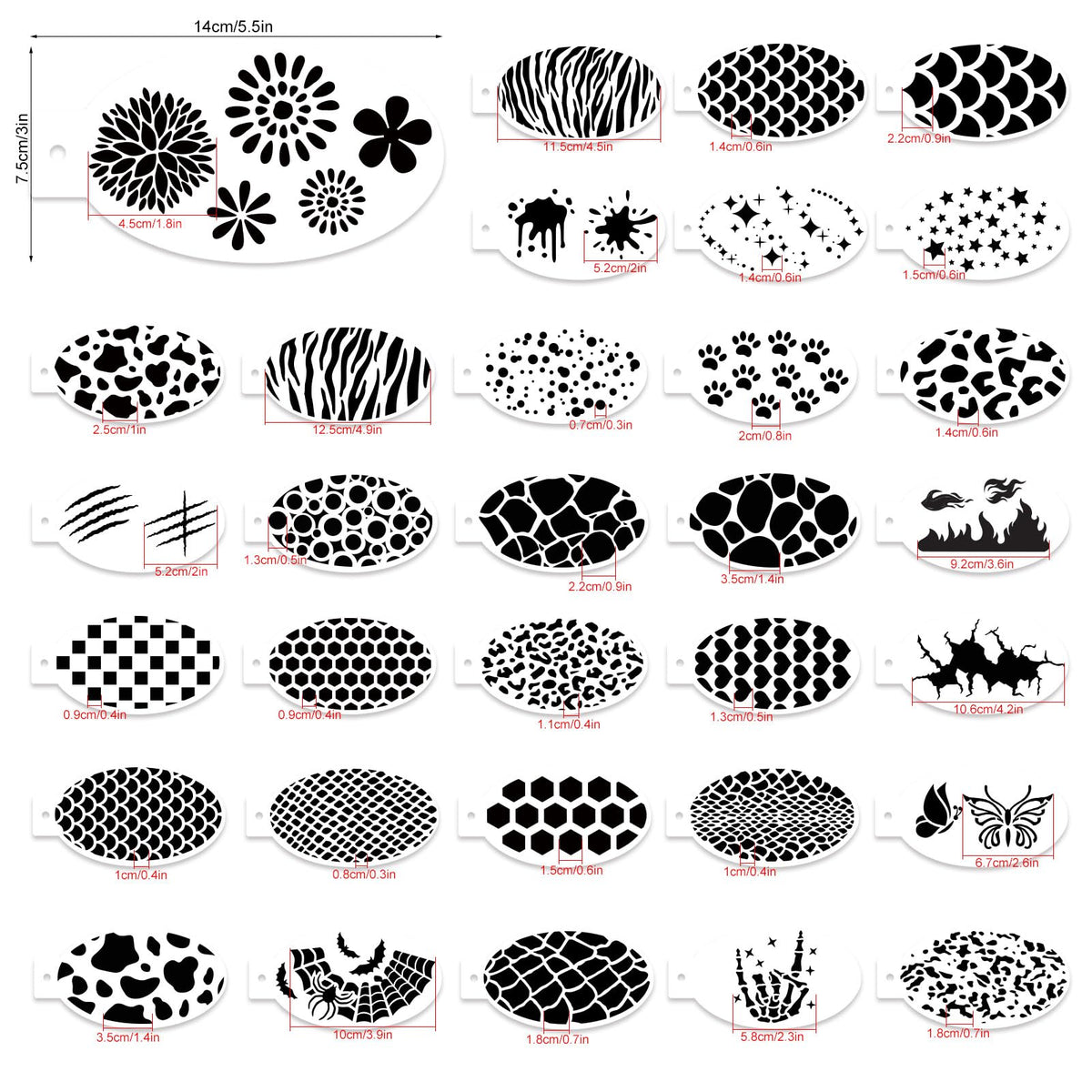 32 Pcs Halloween Face Painting Stencils 3"x5.5", Body Facial Painting Stencils, Reusable Mermaid Scale Leopard Cracks Claw Stencils Makeup Kit Face Tracing Stencils for Holiday Halloween Party