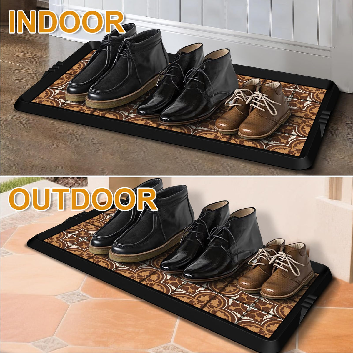 BEHERO Boot Tray Shoe Mat Decorative Patterned, Rubber Boot Matt Tray Indoor and Outdoor Use, 16" x47.5" Shoe Cleaning Mat Non-Slip, Shoe Storage Waterproof with Artistic Prints for Entryway (Brown)