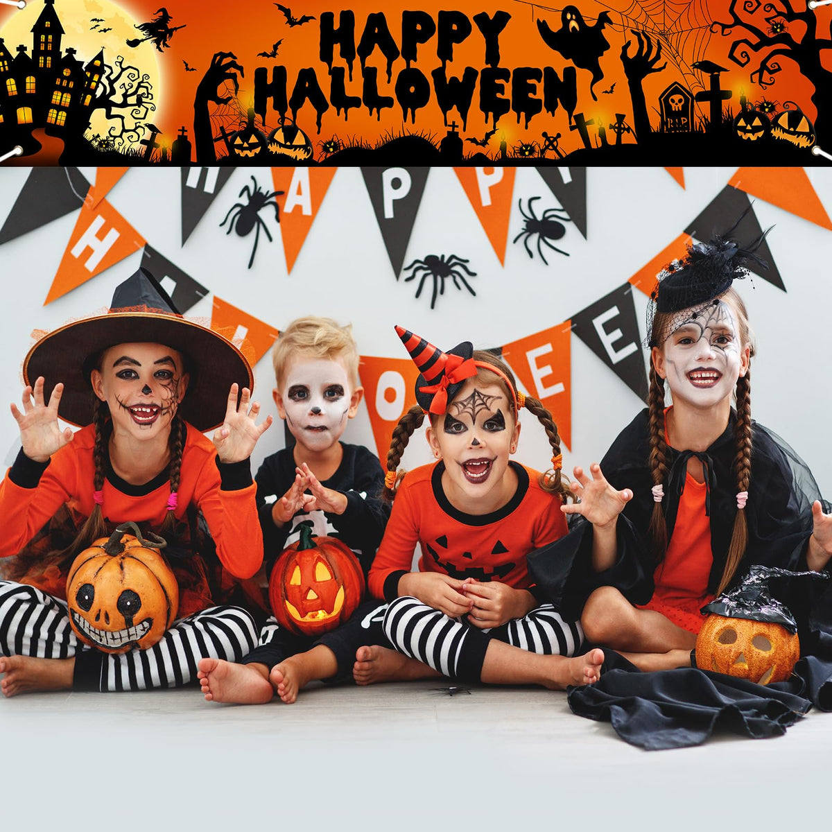 Avezano Happy Halloween Banner Large 98.4 x19.6 Inch Yard Sign Banner Black and Orange Halloween Party Decorations Welcome Hanging Flag Outdoor Fence Garage Garden Porch Holiday Backdrop