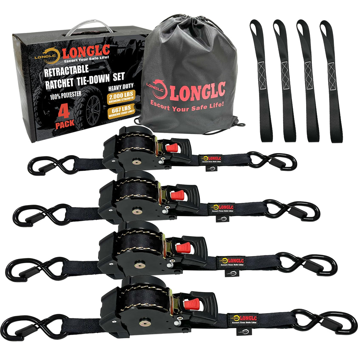 LONGLC 4-Pack Retractable Ratchet Straps Black Heavy Duty - 1 Inch X 10Feet with Soft Loops, 2,000lbs Breaking Strength - Best for Trucks, Cargo Trailer, Motorcycle, Tie Down Straps Ratchet