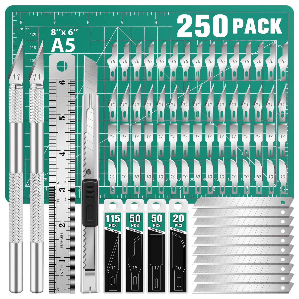 DIYSELF 250 Pcs Exacto Knife, Craft Knife, Hobby Knife, Precision Knife, Exacto Knife for Crafts, Modeling, Scrapbooking, 2 Exacto Knives with Extra 235 Exacto Blades (#11#10#16#17)