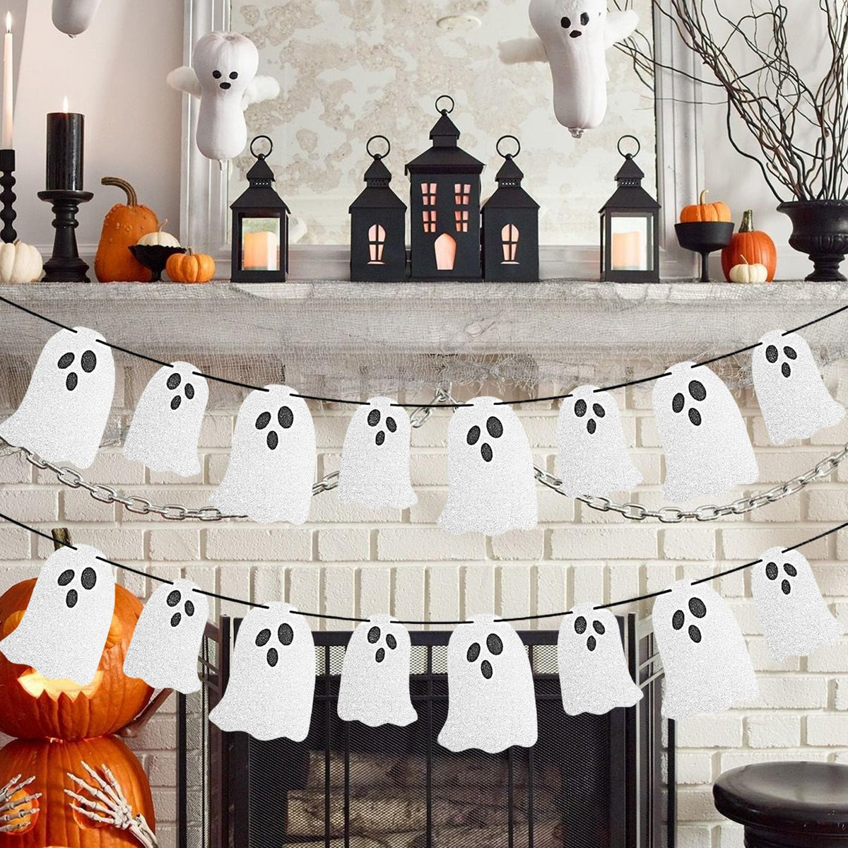 Vavious Halloween Party Banner Cute 4 Pcs Halloween Ghost Banners Indoor for Fireplace Spook Garland Hanging Bunting Sign for Wall Windows Indoor Easter Party Decor White