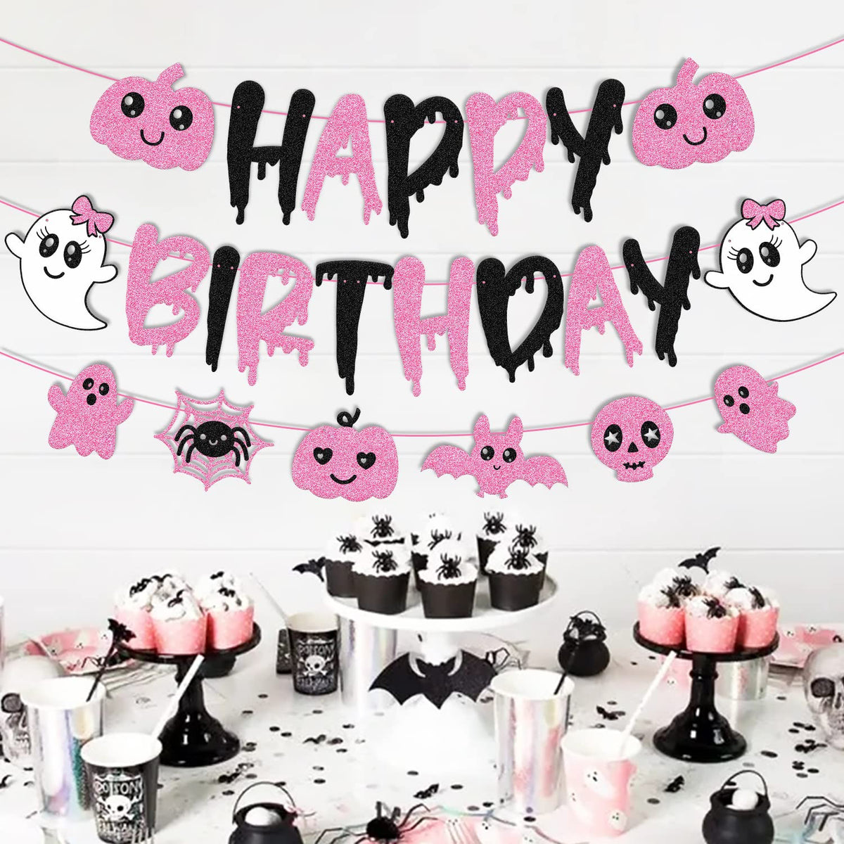 Pink Black Halloween Birthday Banner Ghost Bat Happy Boo Day Little Boo Themed for Girl Happy Birthday Party Supplies Glitter Halloween Decoration