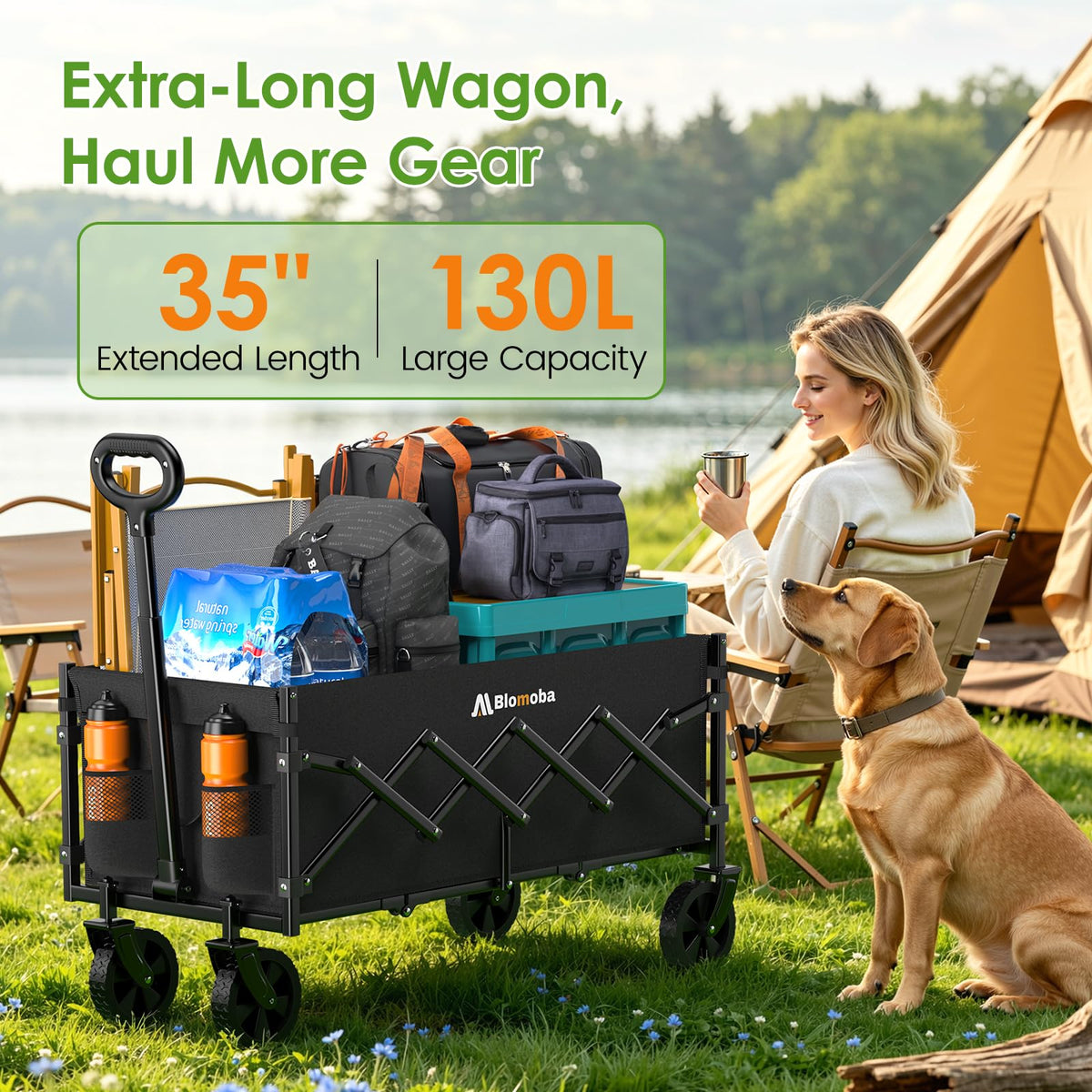 Blomoba 35'' Extra Long Collapsible Wagon with Adjustable Handle, Lightweight Folding Wagon with 360° Swivel Wheels, 220 LBS Portable Utility Cart for Garden, Sports, Grocery, Shopping, Camping, Black
