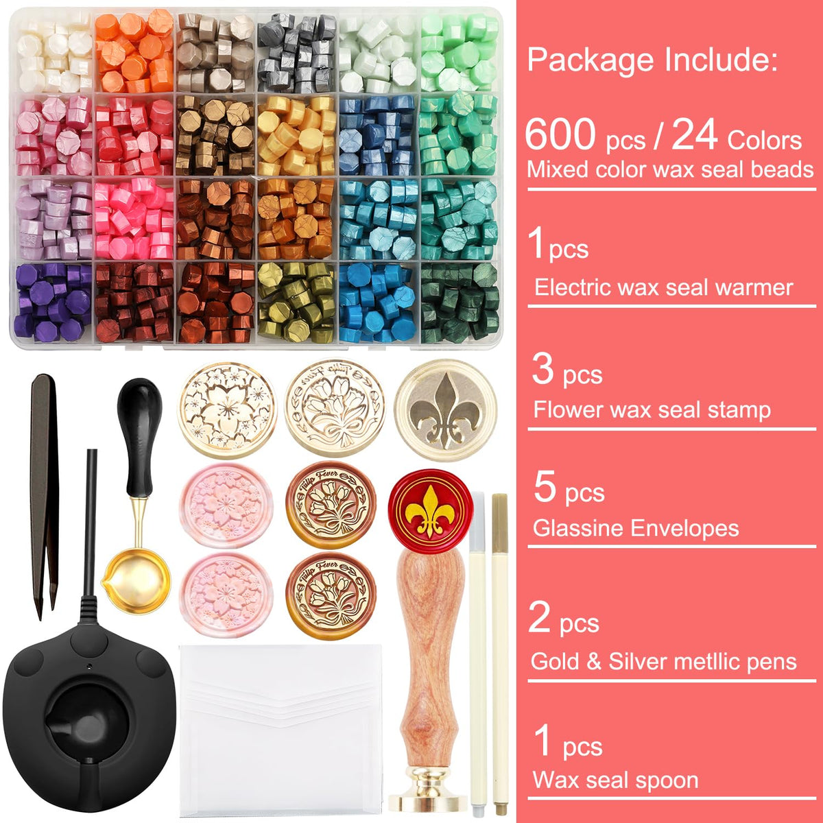 Wax Seal Electric Kit with 24 Colors Wax Seal Beads 600pcs, 3pcs (Sakura/Tulip/Fleur de Lis) Stamps with Electric Warmer Set for Sealing Invitation, Christmas, Gift Wrapping(Flower Stamp Kit)