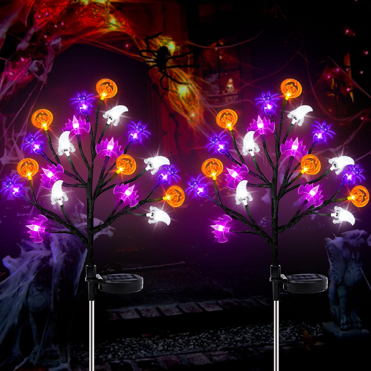 Halloween Decorations Outdoor Solar Lights, 2 Pack Halloween Lights Outdoor Solar Lights Waterproof with 20 LED Ghosts Bats Spiders Pumpkin Light, 8 Modes Solar Pathway Lights for Halloween's Decor