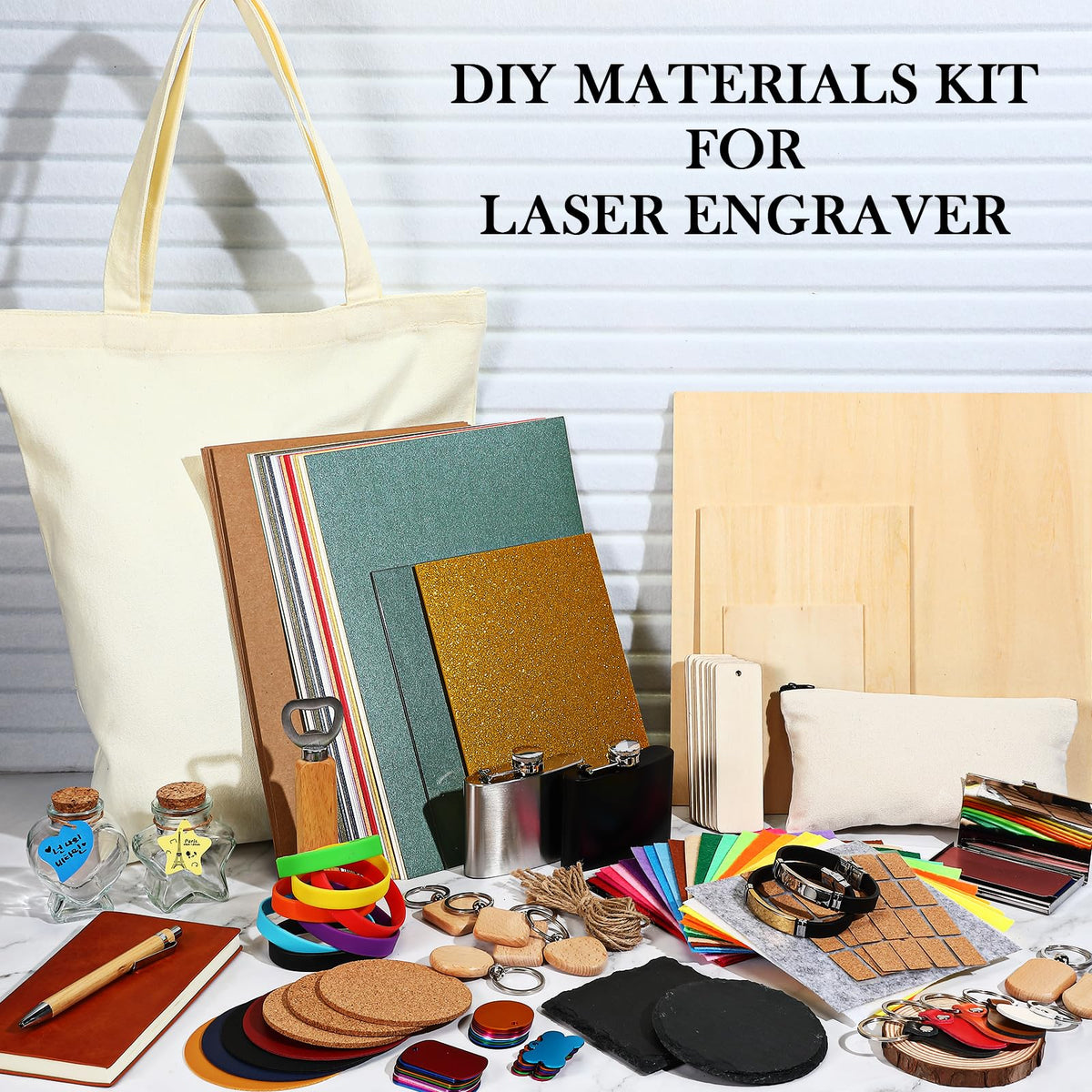 Dunzoom 257 Pcs Laser Material Kit Laser Engraving Materials Including Acrylic, Metal, Wood, Fabric, PU Leather, Glass, Rock, Rubber Materials for Laser Engravers and Laser Cutters