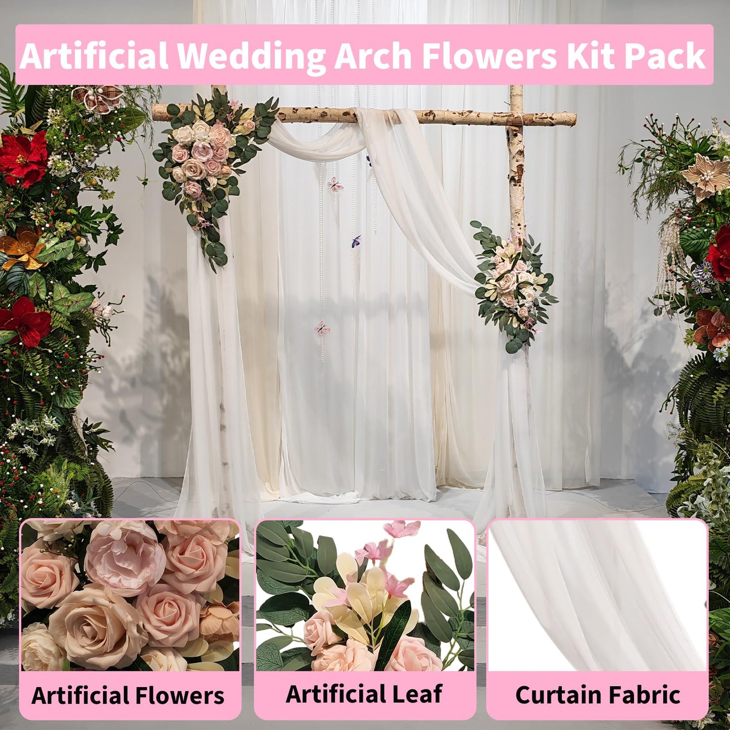 Garvee Arch Flowers with Drapes Kit (Pack of 3) - Includes 2Pcs Artificial Flower Arch Decor & 1Pcs Drapes, for Wedding Ceremony Bouquets Reception Backdrop Decoration, Pink