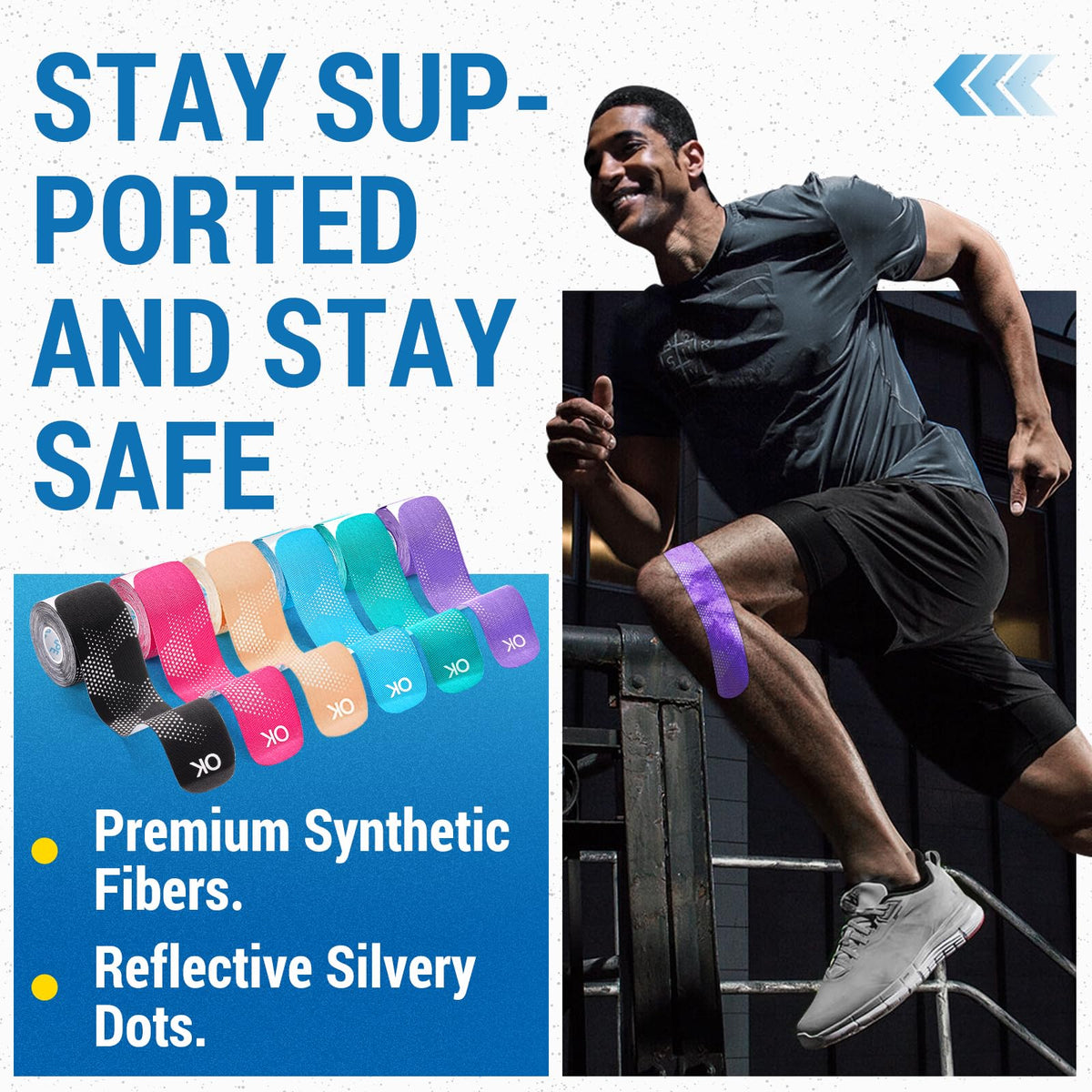 OK TAPE Synthetic Kinesiology Tape Precut Strips, Waterproof Elastic Athletic Tape for Pain Relief & Muscle Support, Reflective Design, 2in×16.4ft Roll, 20 PCS -Cyan