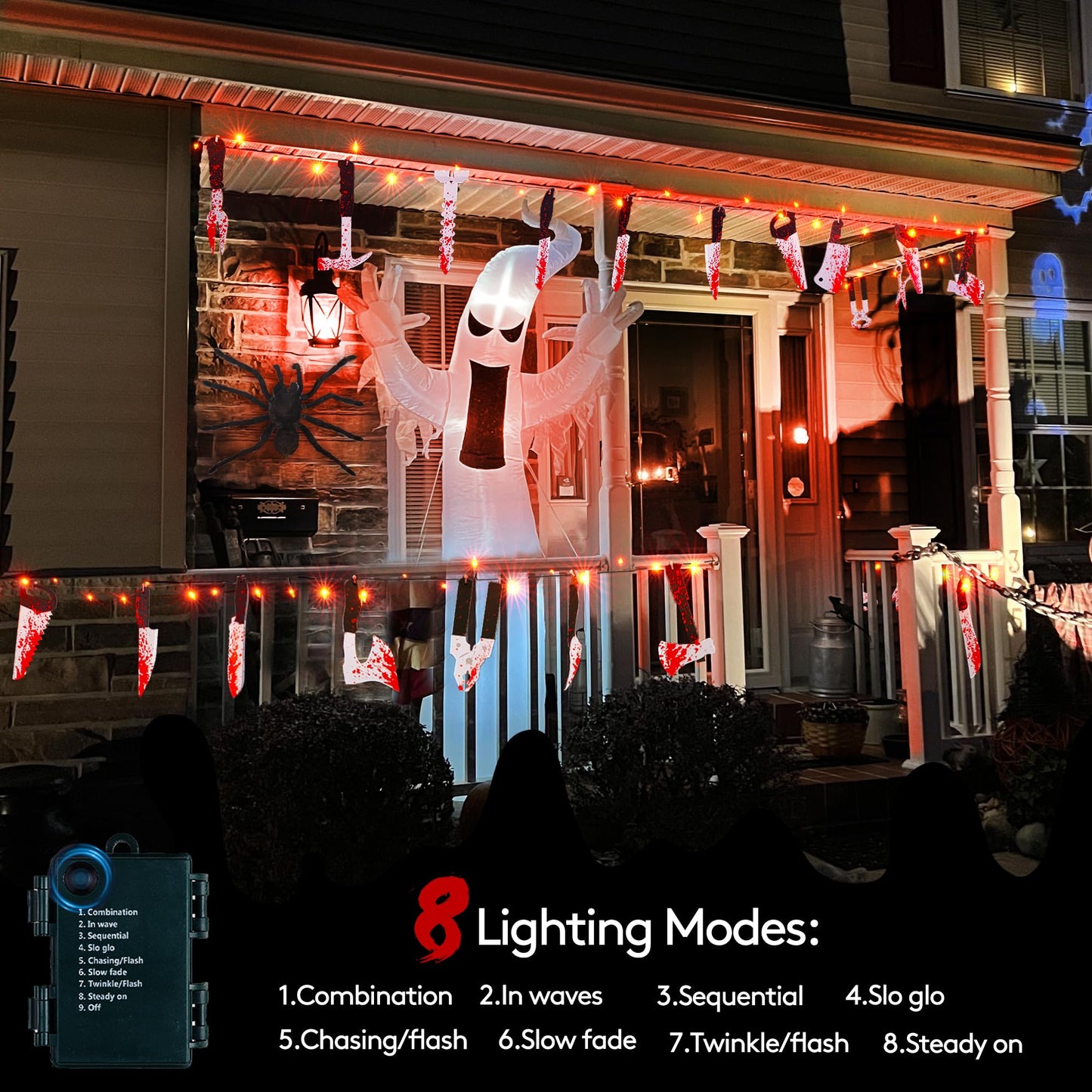 BlcTec Scary Halloween Decorations, 12 FT Halloween String Lights with 16 Fake Bloody Knives & 50 LED Orange Big Bulbs, 8 Modes Battery Operated Bloody Party Supplies for House Décor