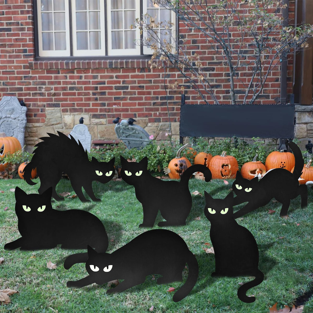 6 Pack Halloween Black Cat Yard Signs with Glowing Eye Stickers – Large Scary Cat Silhouette Decorations for Outdoor Lawn, Fence, Garden, Haunted House, Halloween Party Decor