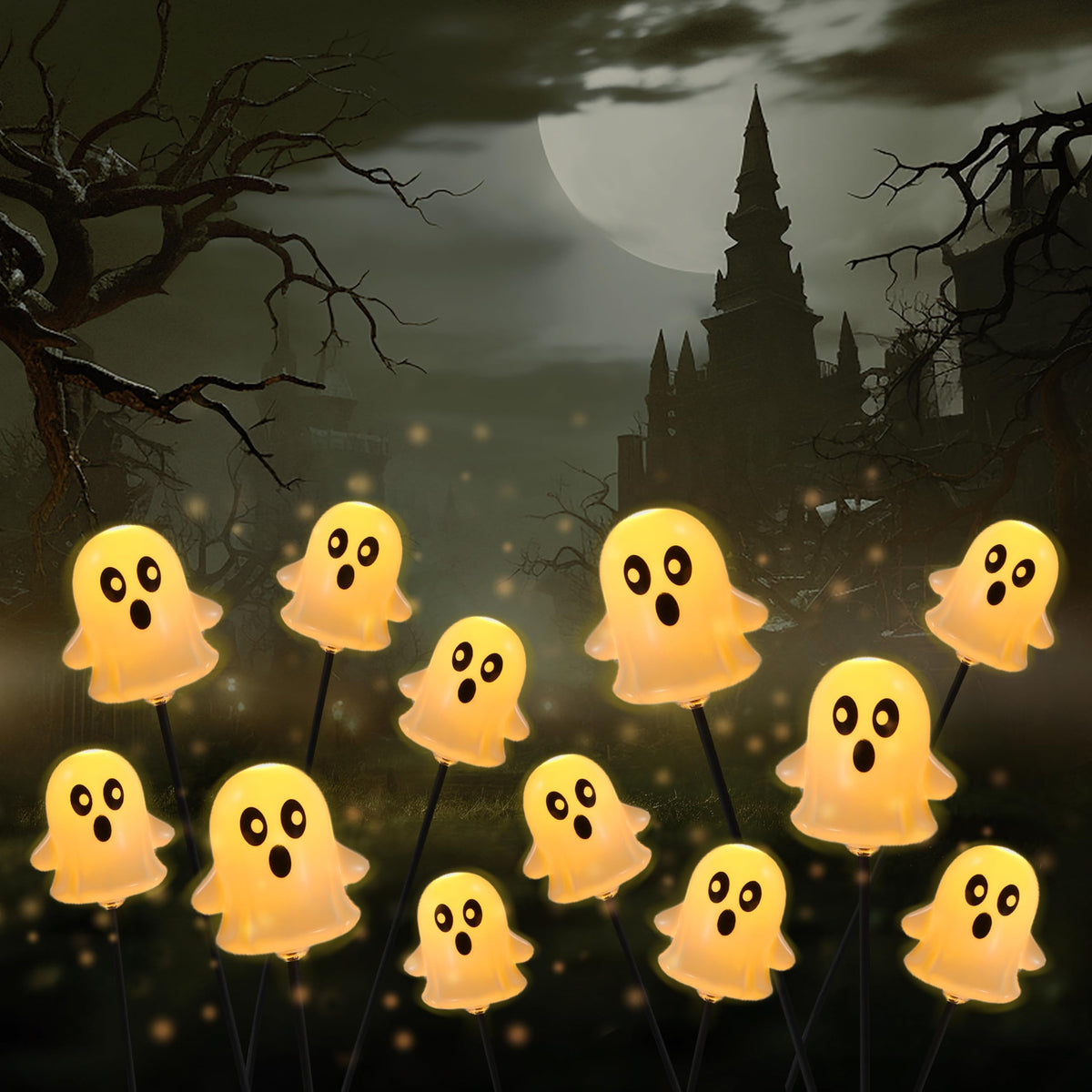 JOYIN Halloween Decorations Outdoor Solar Cute Ghost Lights, 2 Pcs 12LEDs Solar Powered Hovering Ghost Yard Stakes, Cute LED Pathway Lights Decor for Halloween Graveyard Garden Yard Patio Lawn