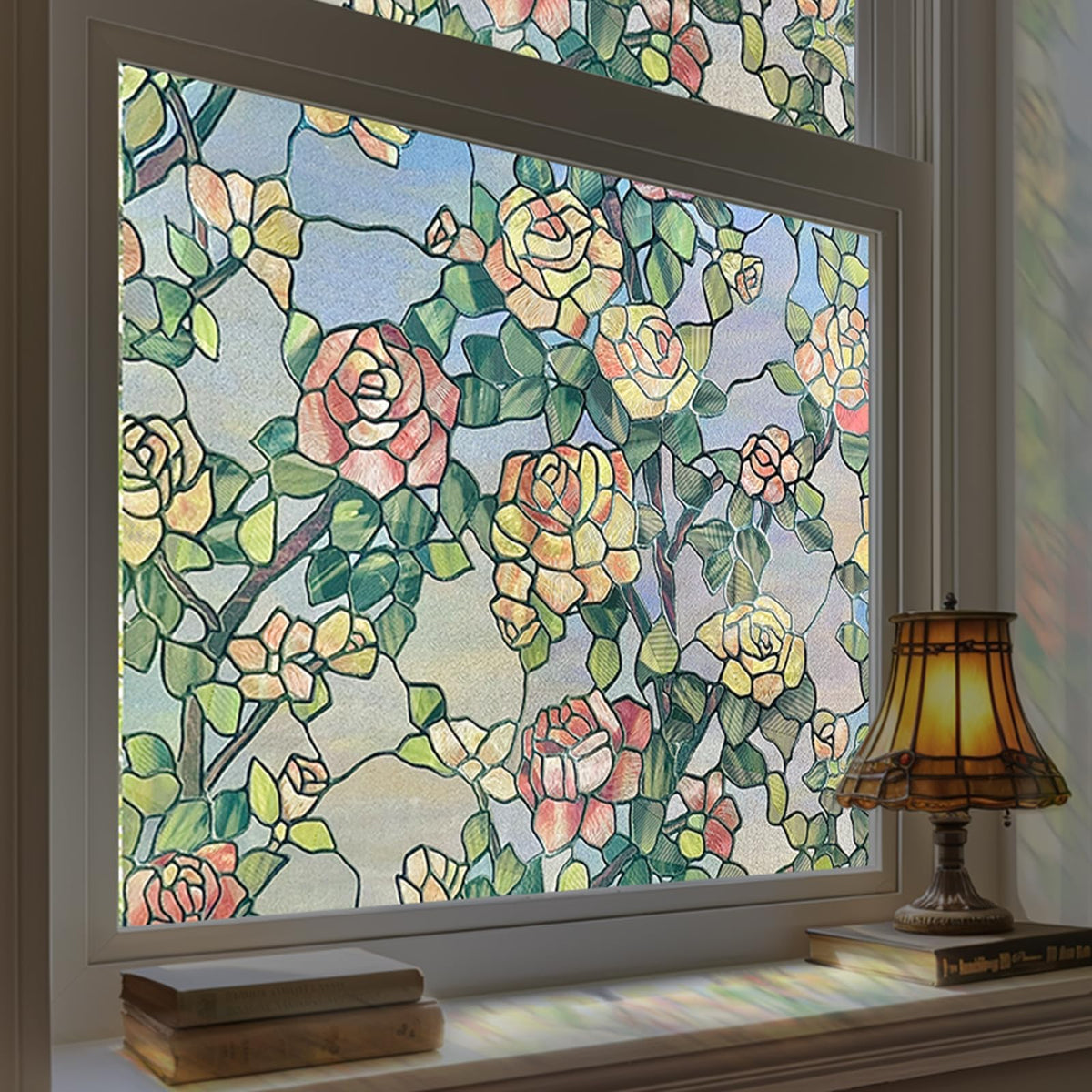 ADD.HERES Stained Glass Window Film, 3D Decorative Window Privacy Film for Bathroom,Front Door,Home, Sun Blocking Heat Control,Static Cling, The Beast's Rose 17.3inch x 47.2inch