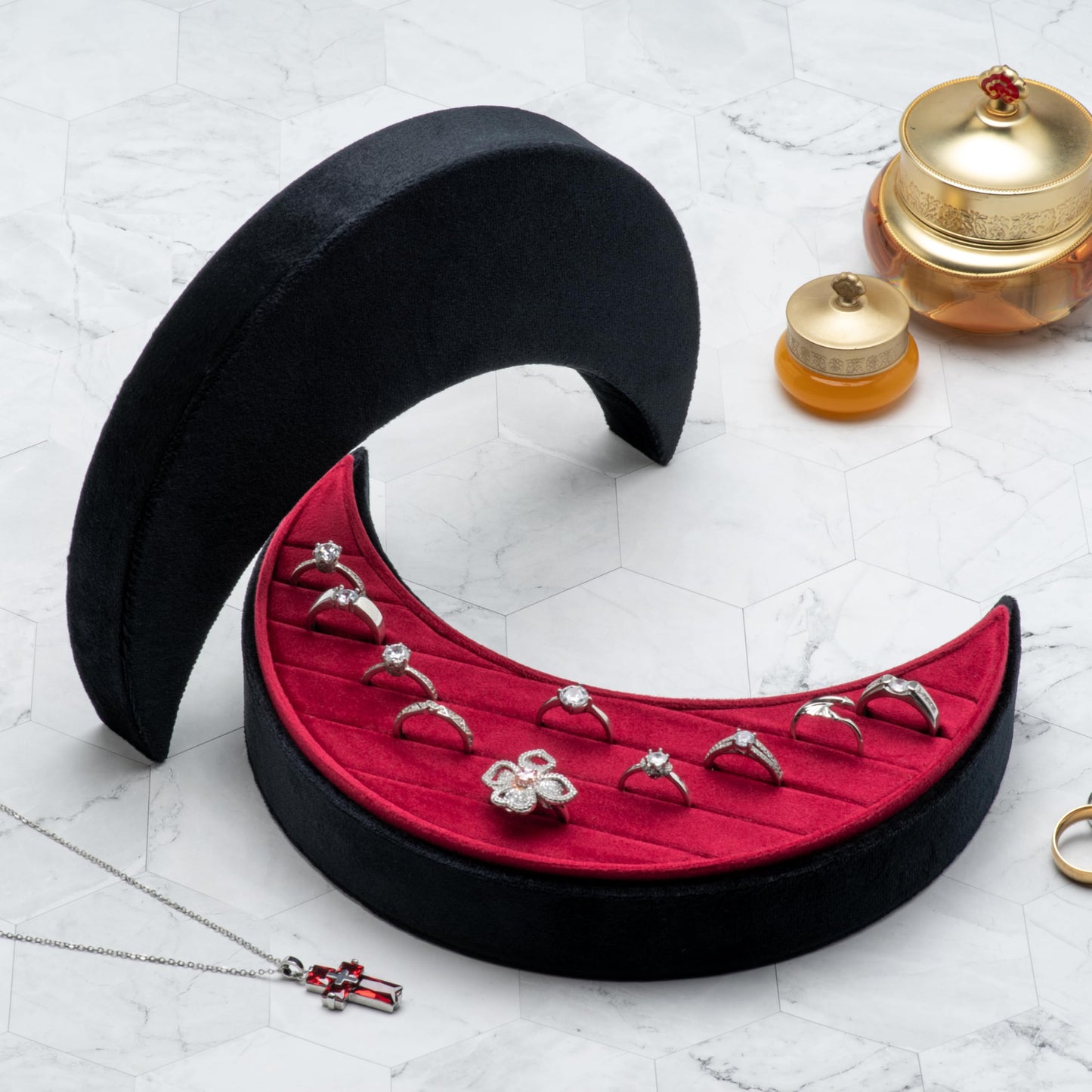 COWFEX Velvet Multiple Ring Box Organizer Display Tray Crescent Moon Shape Jewelry Box Earring Holder Case for Wedding Birthday Christmas Day (Black and Red)
