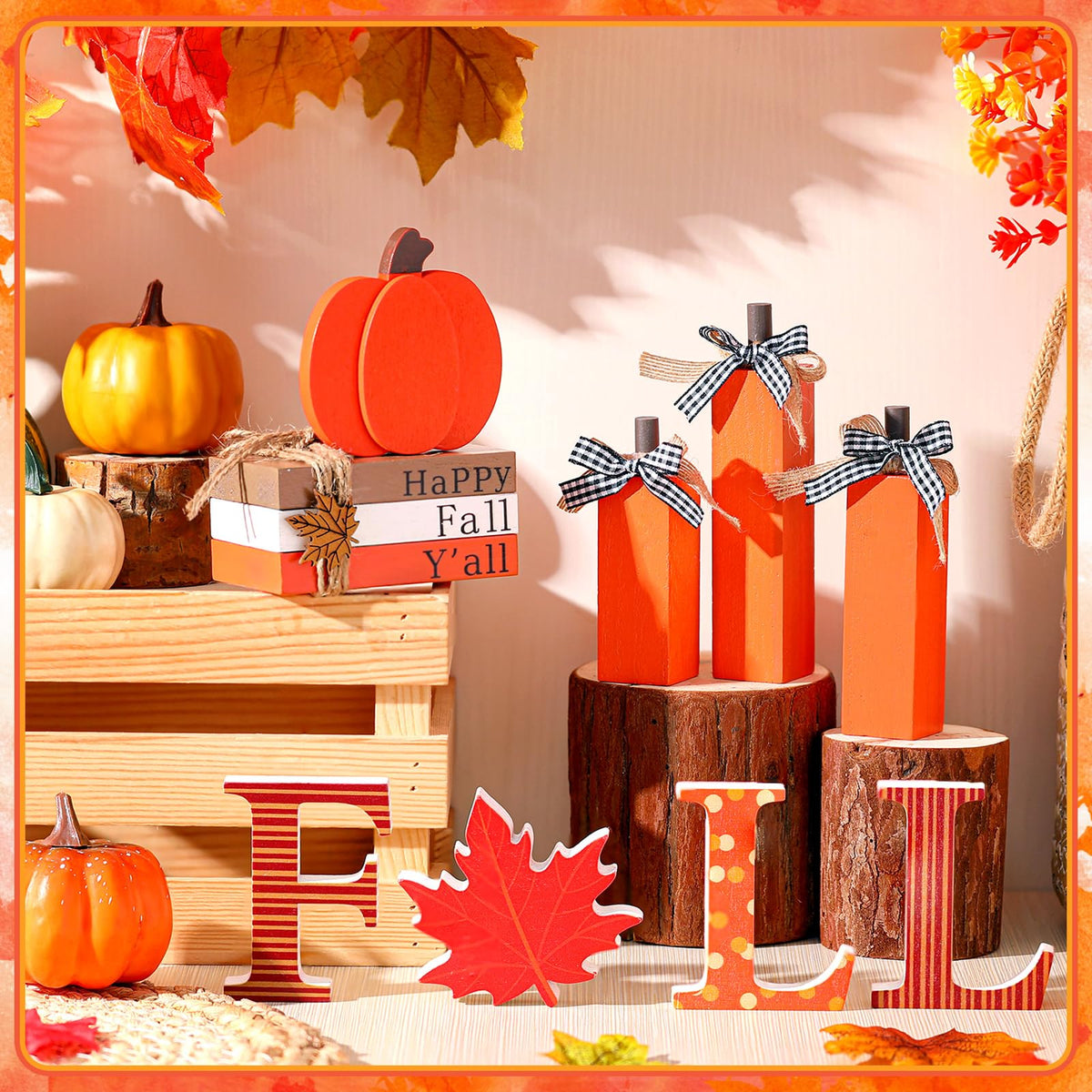 FoldTier 11pcs Thanksgiving Fall Decorations for Home Pumpkin Tiered Tray Decor Fall Table Decoration Maple Leaf Wooden Sign Autumn Pumpkin Tabletop Stack Faux Books Centerpiece for Shelf Harvest