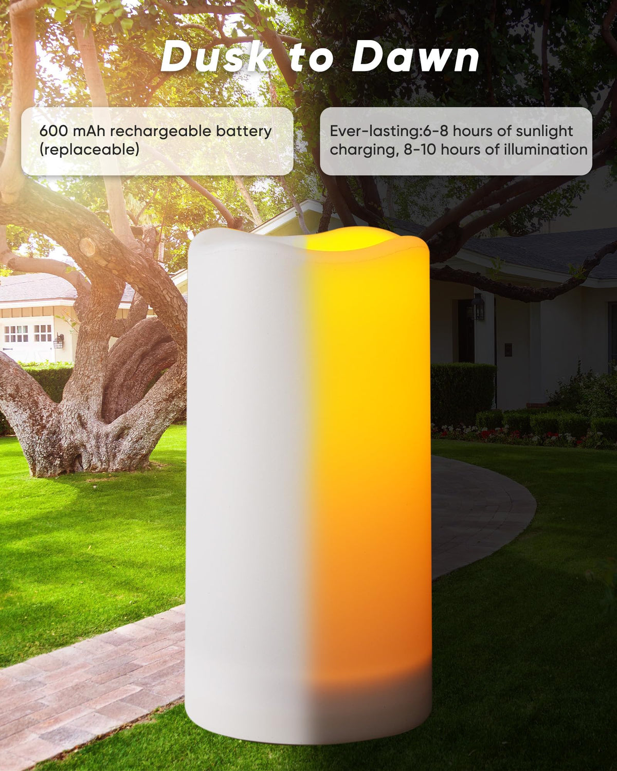 Homemory Solar Candles Outdoor Waterproof, 3"x6" Rechargeable Solar Powered Lights, Flameless Flickering Dusk to Dawn Sensor Outdoor Pillar Candles for Halloween, Lanterns, Garden, Patio, Porch
