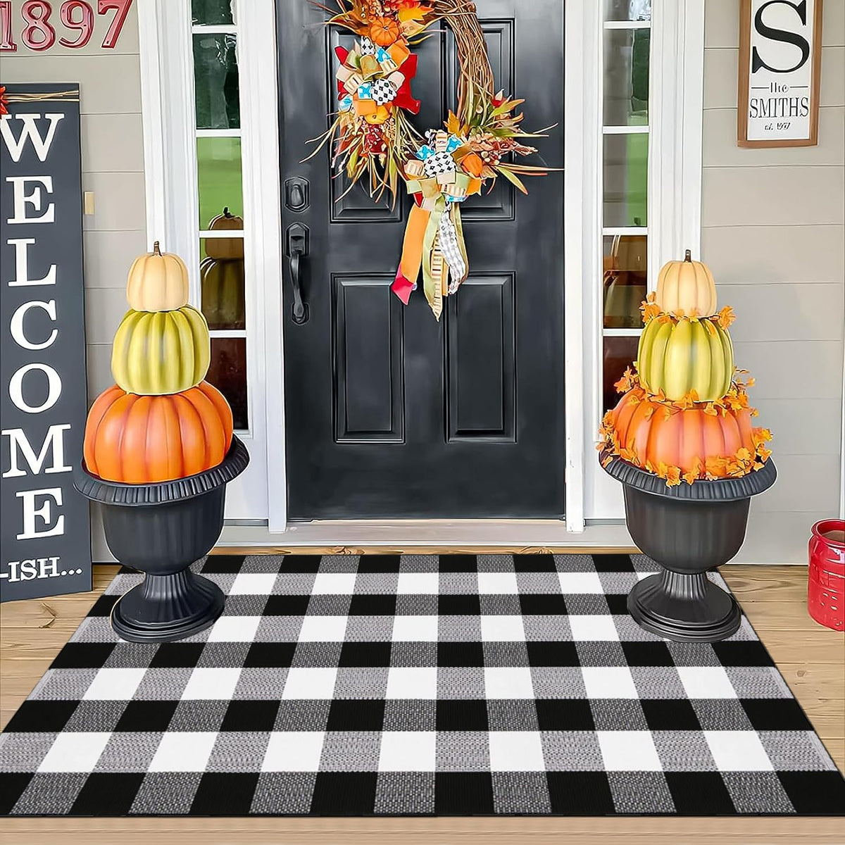 YINMEIJU Buffalo Plaid Rug 3'x5' Black and White Checkered Rug Front Door Mat Outdoor Cotton Washable Front Porch Rug Layered Doormats for Front Porch/Farmhouse/Entryway