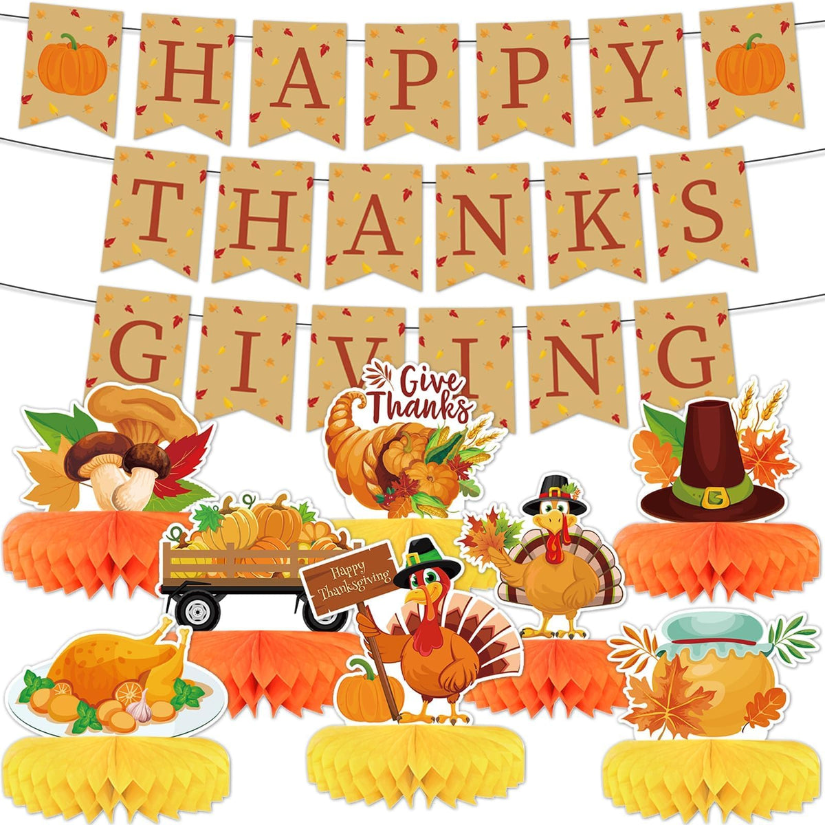 10pcs Thanksgiving Table Decorations Thanksgiving Honeycomb Centerpiece Party Decoration Thanksgiving Banner Set Fall Table Decor Turkey Pumpkin Truck for Autumn Theme Thanksgiving Party