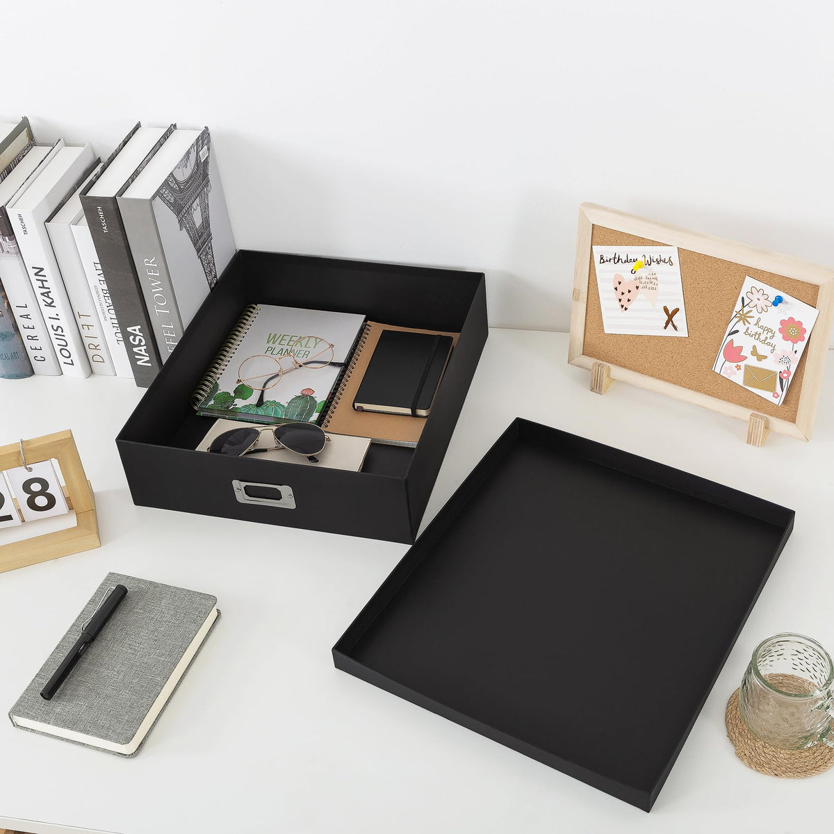 Soul & Lane Photo Storage Box with Lid, 14.8 × 13.0 × 3.7 Inches, Keepsake Memory Organizer, Cardboard Storage for Photo Albums, Scrapbooks, Artwork, Stationary, Memorabilia, Craft Supply, Black