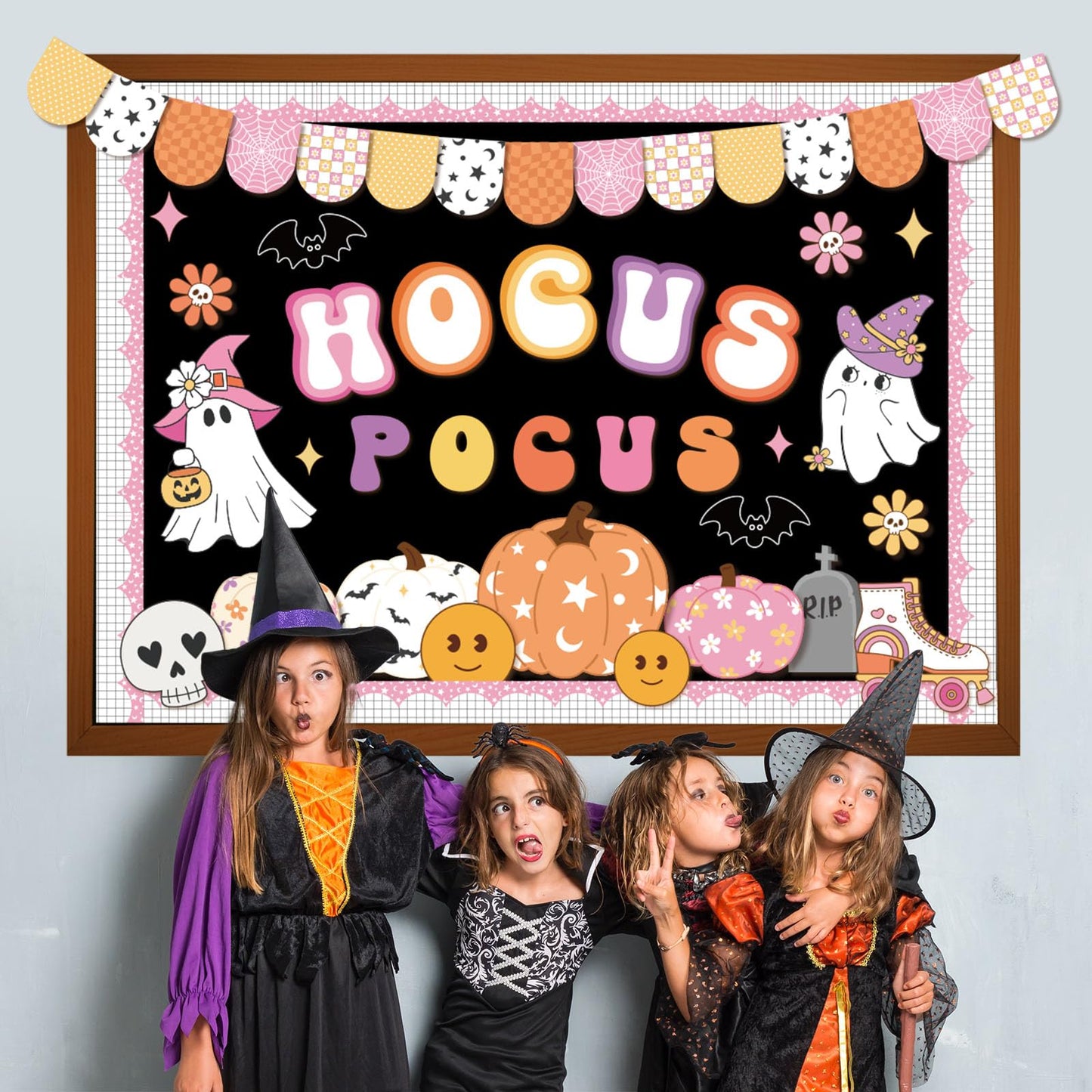 Pasimy Halloween Bulletin Board Decorations Set Halloween Theme Classroom Decor Spider Bat Ghost Pumpkin Cutouts with Borders for Home School Party Supplies (Hocus Pocus)