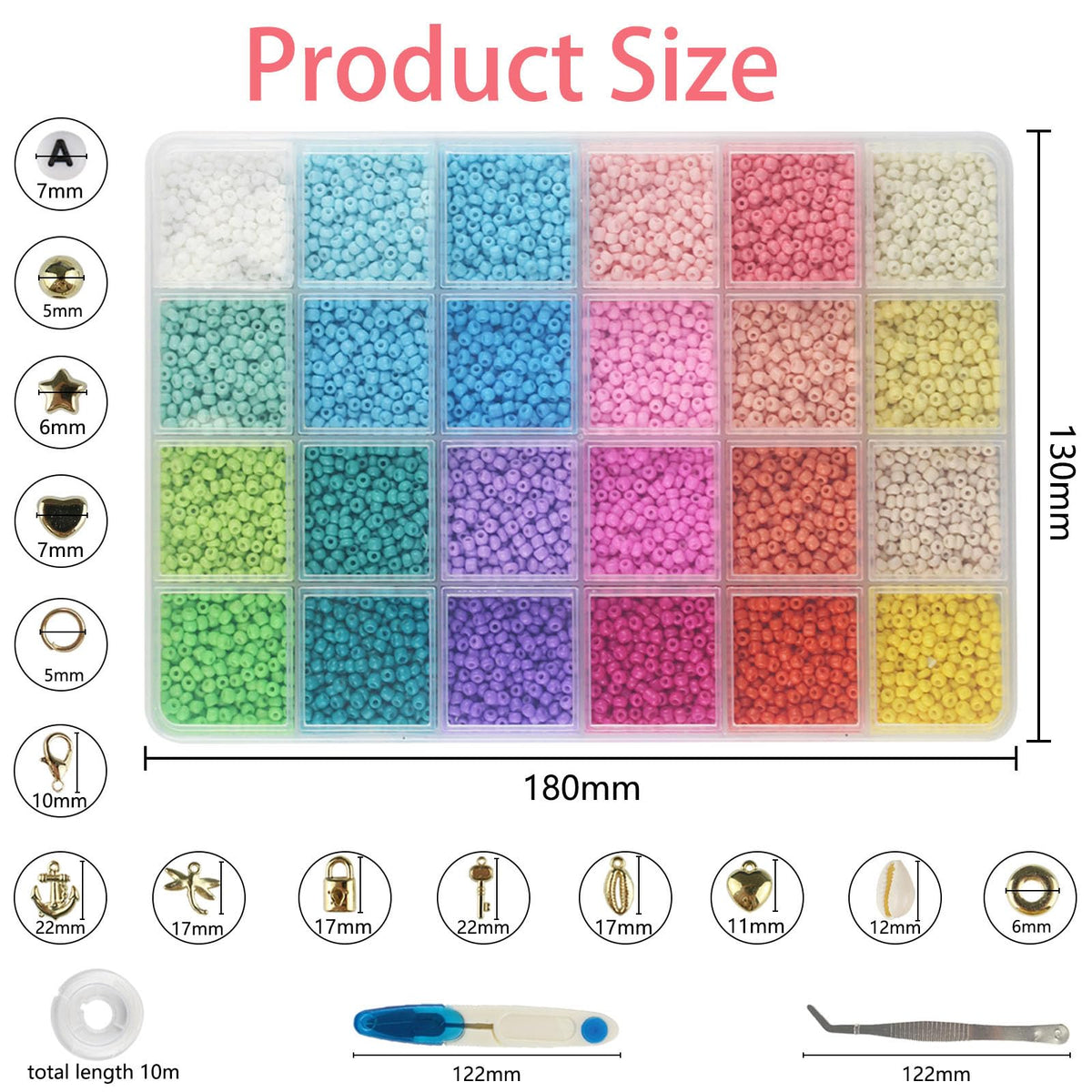 ALIRICH 21600Pcs 3mm Glass Seed Beads for Jewelry Making, 48 Colors Crafts Bead Kit with Letter Smile Face Star Love Heart Beads, Gold Silver Findings Beads for DIY Art Bracelets Necklaces for Women