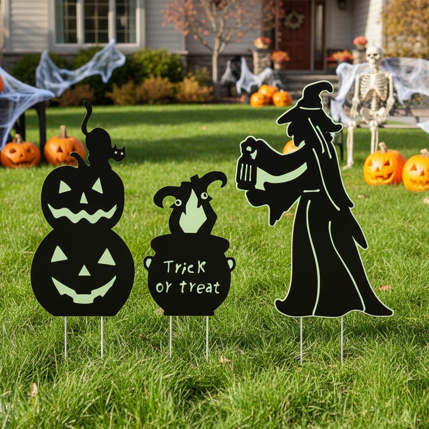 Halloween Outdoor Yard Decorations, 3 Pack Glow in The Dark Witch and Pumpkin Lawn Signs Waterproof Witch's Cauldron Potions for Garden, Walkway, Patio, Porch Outside Decor