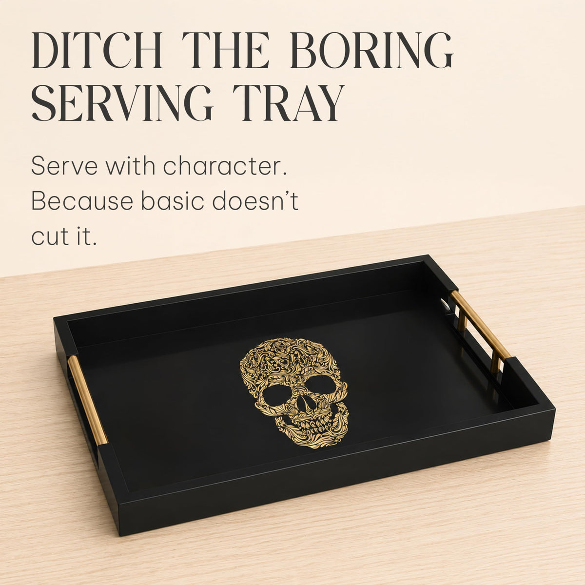 Gothic Skull Serving Tray with Gold Handles – Black Gloss Wooden Ottoman Tray for Coffee Table, Bar, or Kitchen – Elegant Gothic Decor & Unique Gift for Halloween, Horror & Alternative Style Lovers