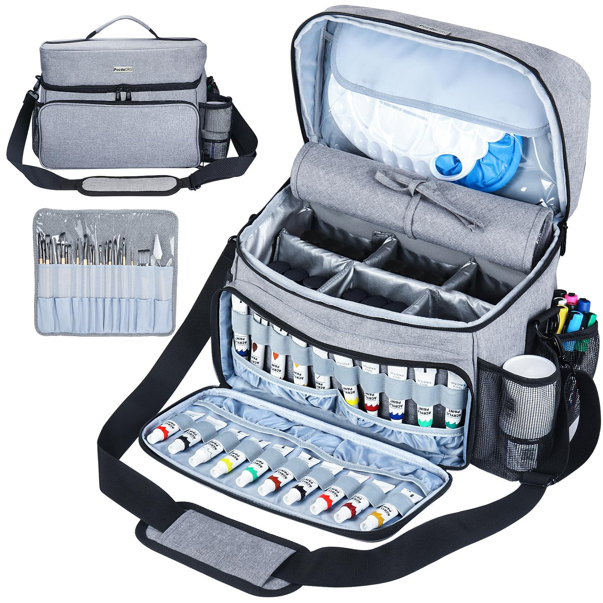 Acrylic Paint and Brush Set Organizer Bag - Carrying Case Compatible with Apple Barrel, Shuttle Art, Caliart Art Supplies - Includes Detachable Paint Brush Holder - for Travel/Outdoor Sketching (Gray)