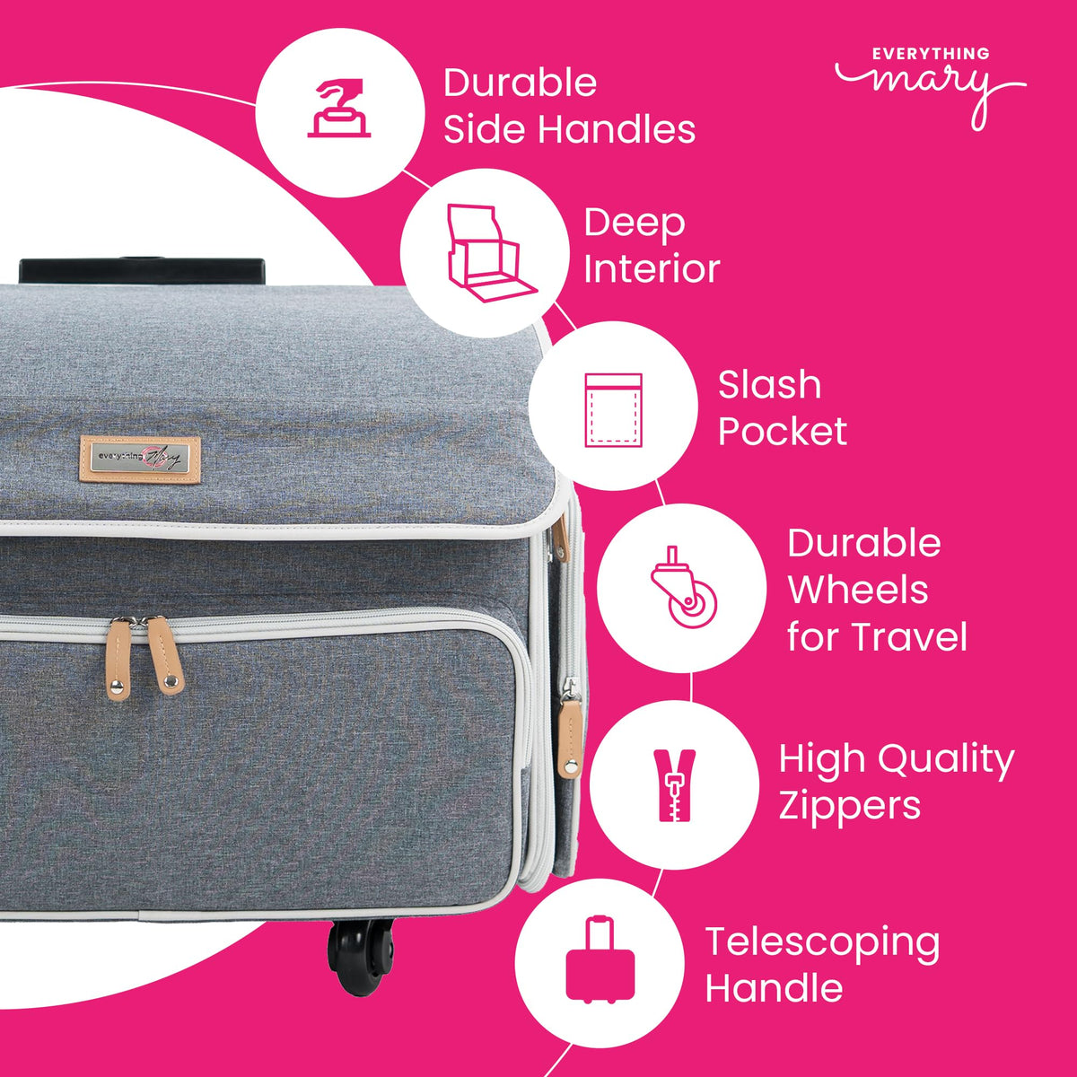 Everything Mary XL Rolling Sewing Machine Case – Heather Grey Craft Bag with 4 Wheels – Collapsible Organizer Compatible with Brother, Singer & Most Sewing Machines