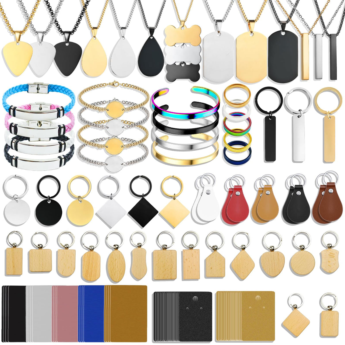 MUXERAN 168 Pcs Laser Engraving Materials bulk Include 66 Pcs Laser Engraving Supplies Include Necklace Bracelet Ring Keychain For Laser Engraver DIY Crafting Supplies