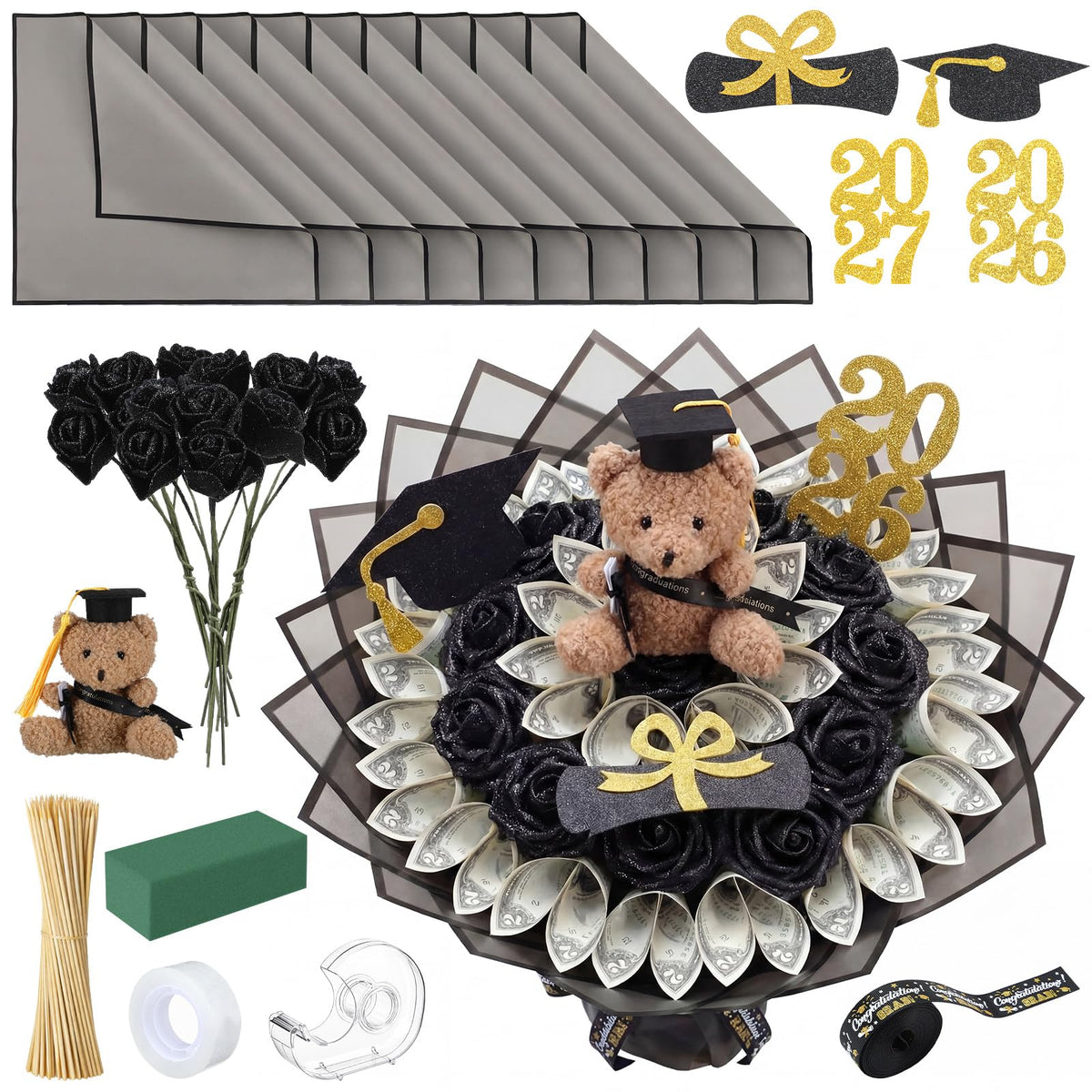Chunful 143 Pcs Graduation Money Bouquet Kit DIY Flower Bouquet Gifts with Cute Bear Wrapping Paper Graduation Cap Class of 2026 Grad DIY Craft Set for College Middle High School Graduate Party Gift