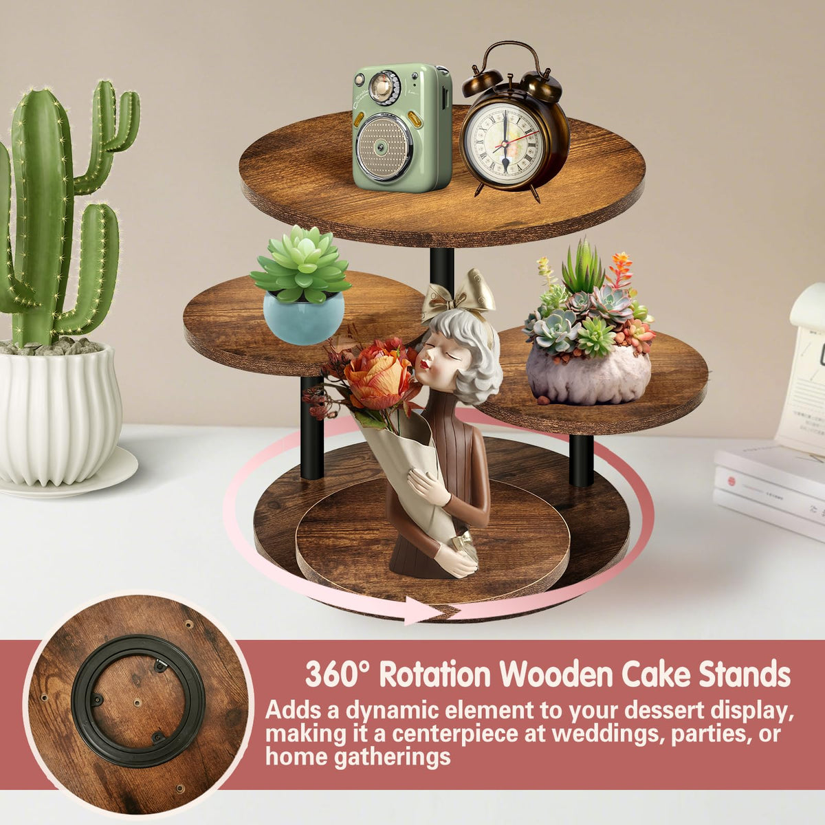 NANXITU 4 Tier Cupcake Tower Stands for 50 Cupcakes,360° Rotatable Round Cup Cake Stand with Tiered Tray,Farmhouse Wooden Dessert Table Display Stands for Wedding Birthday Baby Shower Tea Party