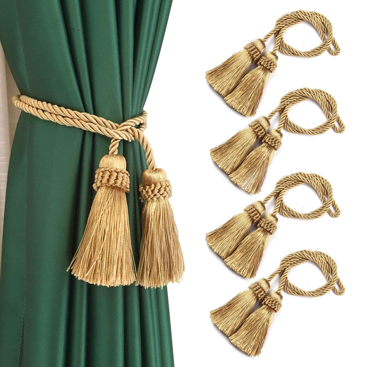 Fenghuangwu Curtain Tiebacks Handmade Decorative Curtain Holdbacks Rope with Tassel (Gold, 4P)