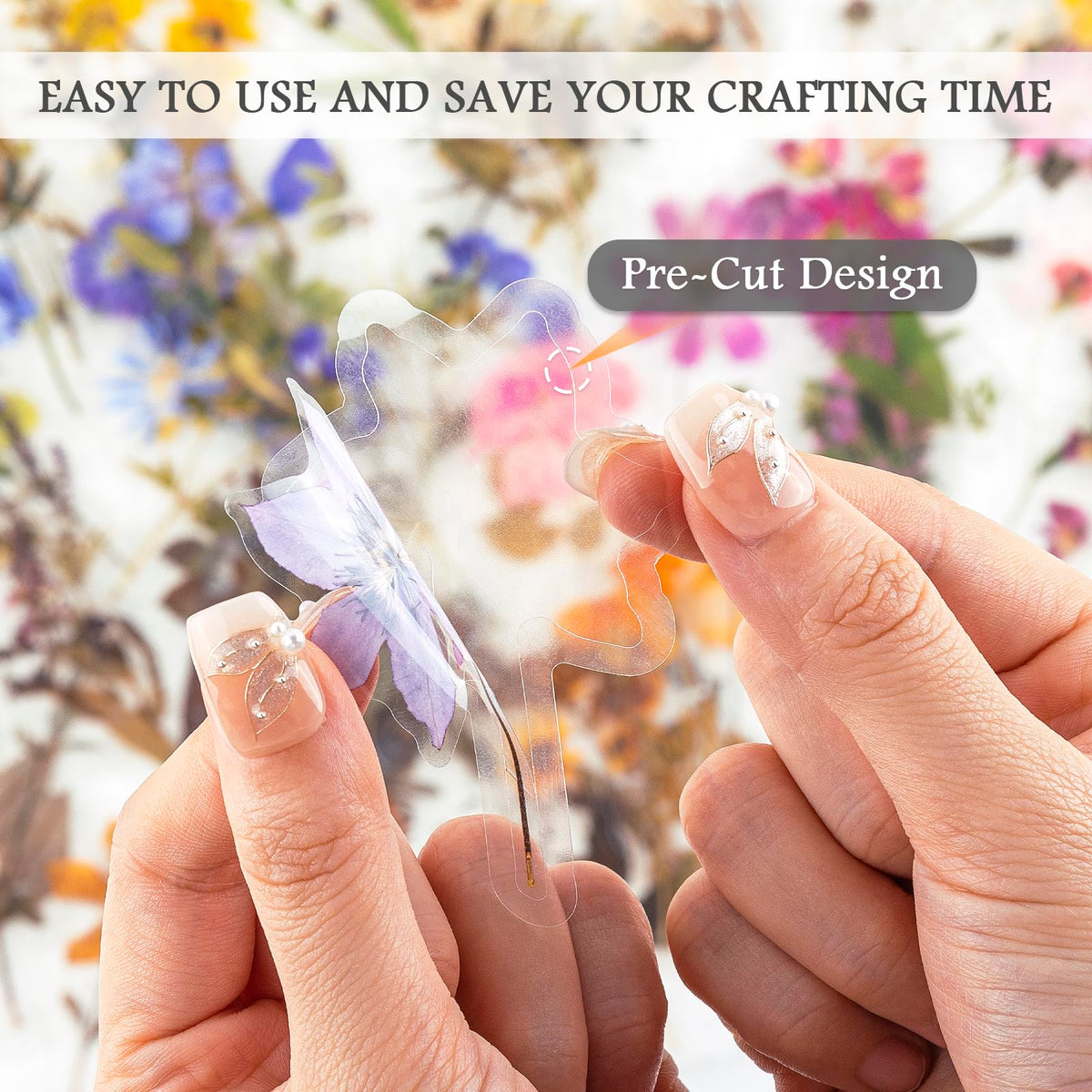 RISYPISY 320PCS Pre-Cut Floral Stickers Set Small Flower Decal Journal Stickers PET Flower Sticker for Adult Card Making Letters DIY, Double Blade Line-Easy to Peel