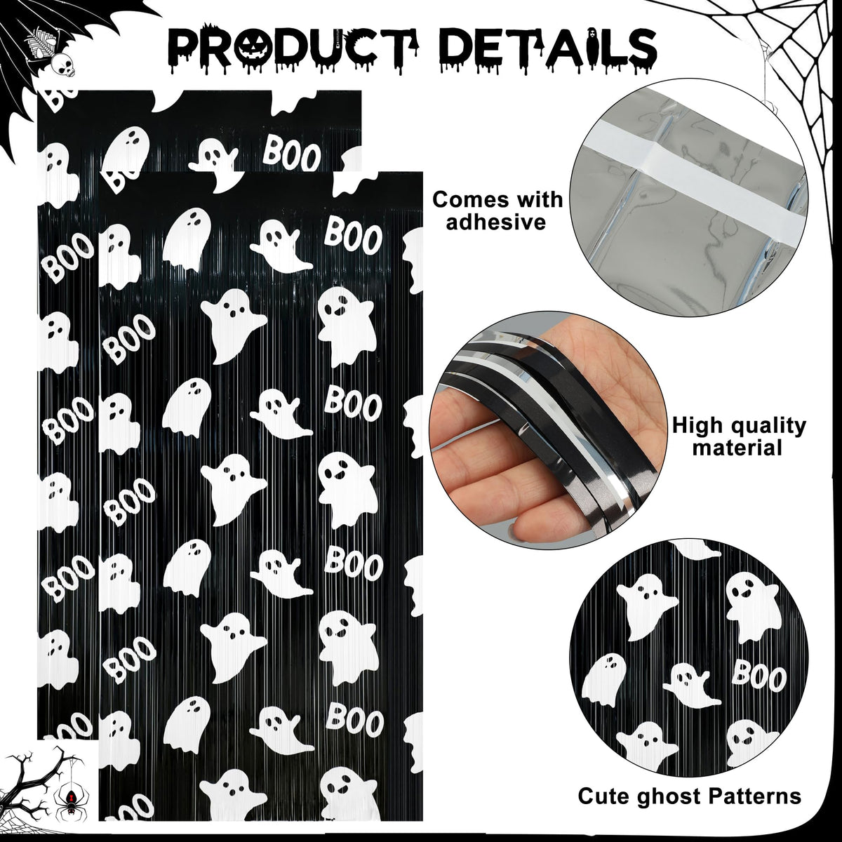 Augisteen 2 Packs Halloween Foil Fringe Curtains 3.3 x 6.6 Ft Black White Cute Ghost Photo Backdrop Streamers Boo Theme Tinsel Curtain Metallic Backdrop for Kids Birthday Babyshower Party Supplies