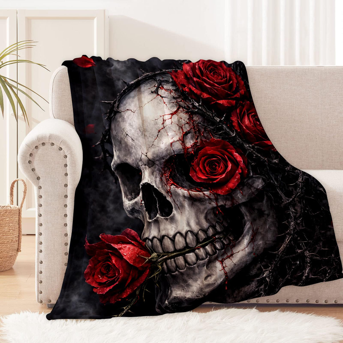 cromcu Gothic Skull Rose Flannel Throw Blanket, 50x60in, Soft Warm Cozy Blankets with Skull and Red Rose, Gothic Gifts for Women Skeleton Lovers, Halloween Home Decor Dorm Office Travel Camping