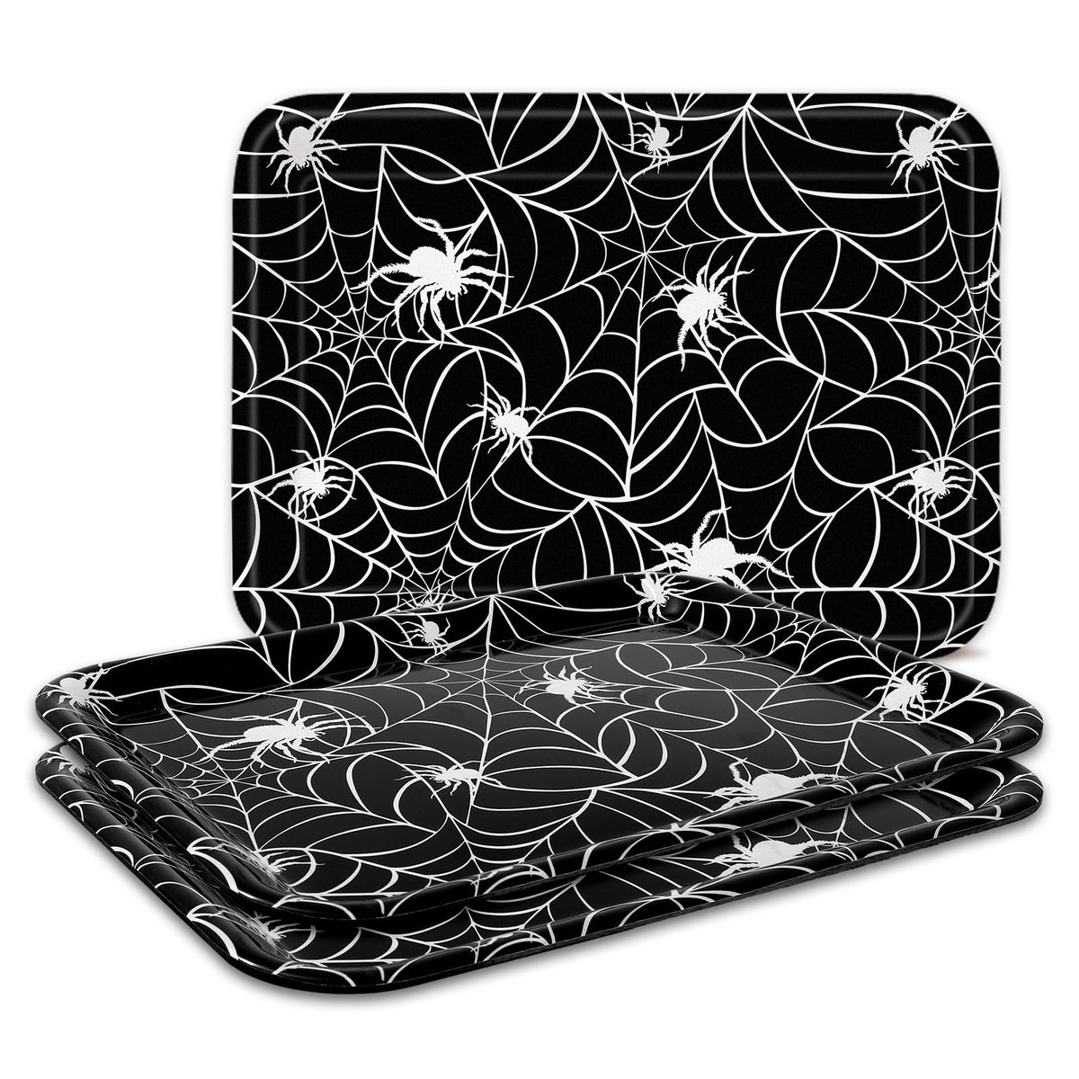 Whaline 3 Pcs Halloween Serving Trays Black White Spider Webs Reusable Melamine Trays Platters for Movie Night Birthday Holiday Party Food Supplies, 10 x 13 Inch