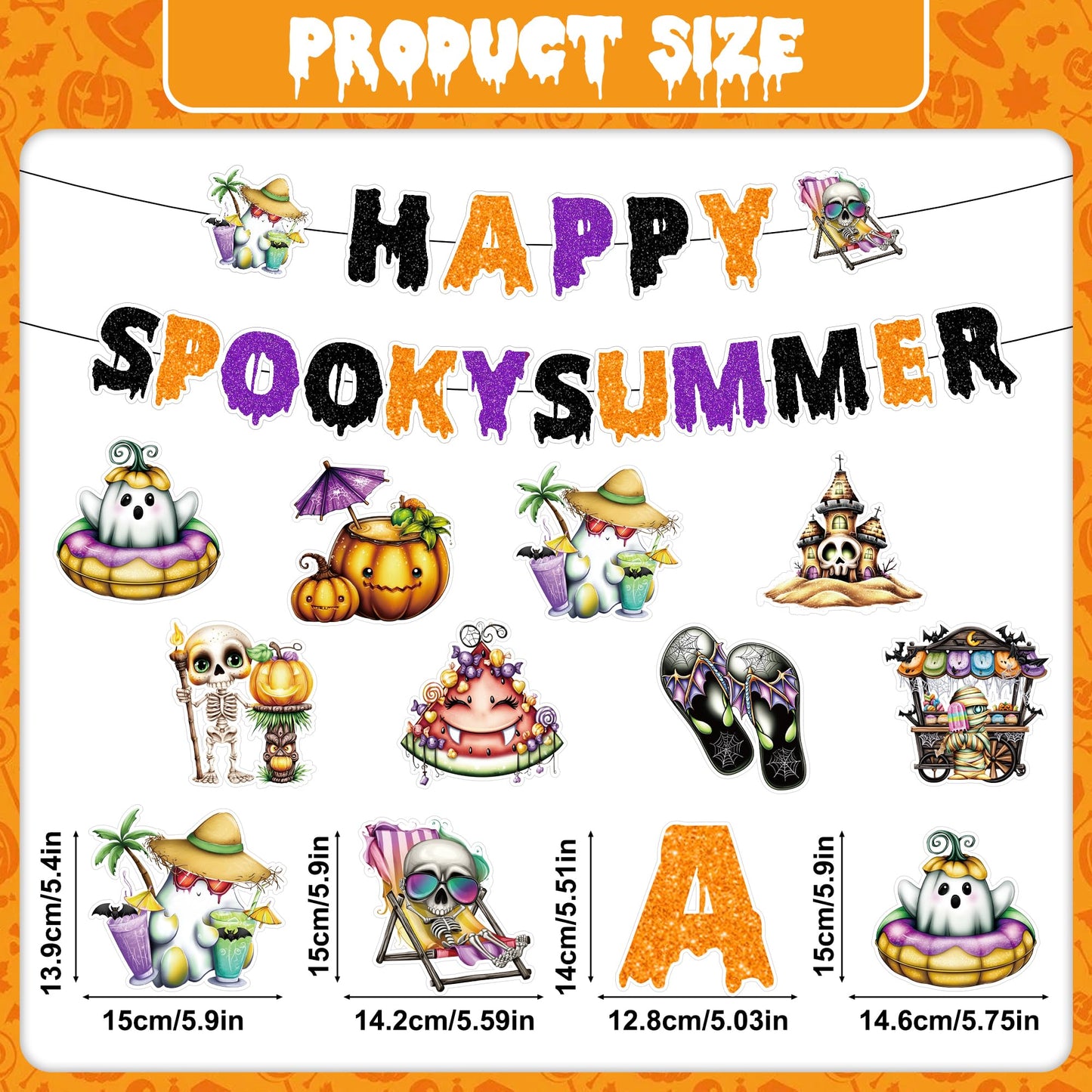 RUBOAOA Summerween Decorations, 10 Pcs Spooky Summer Halloween Decor with Banner Hanging Swirls, Cute Luau Beach Tropical Party Supplies for Indoor Home, Backyard, Patio, Pool and Summer Parties
