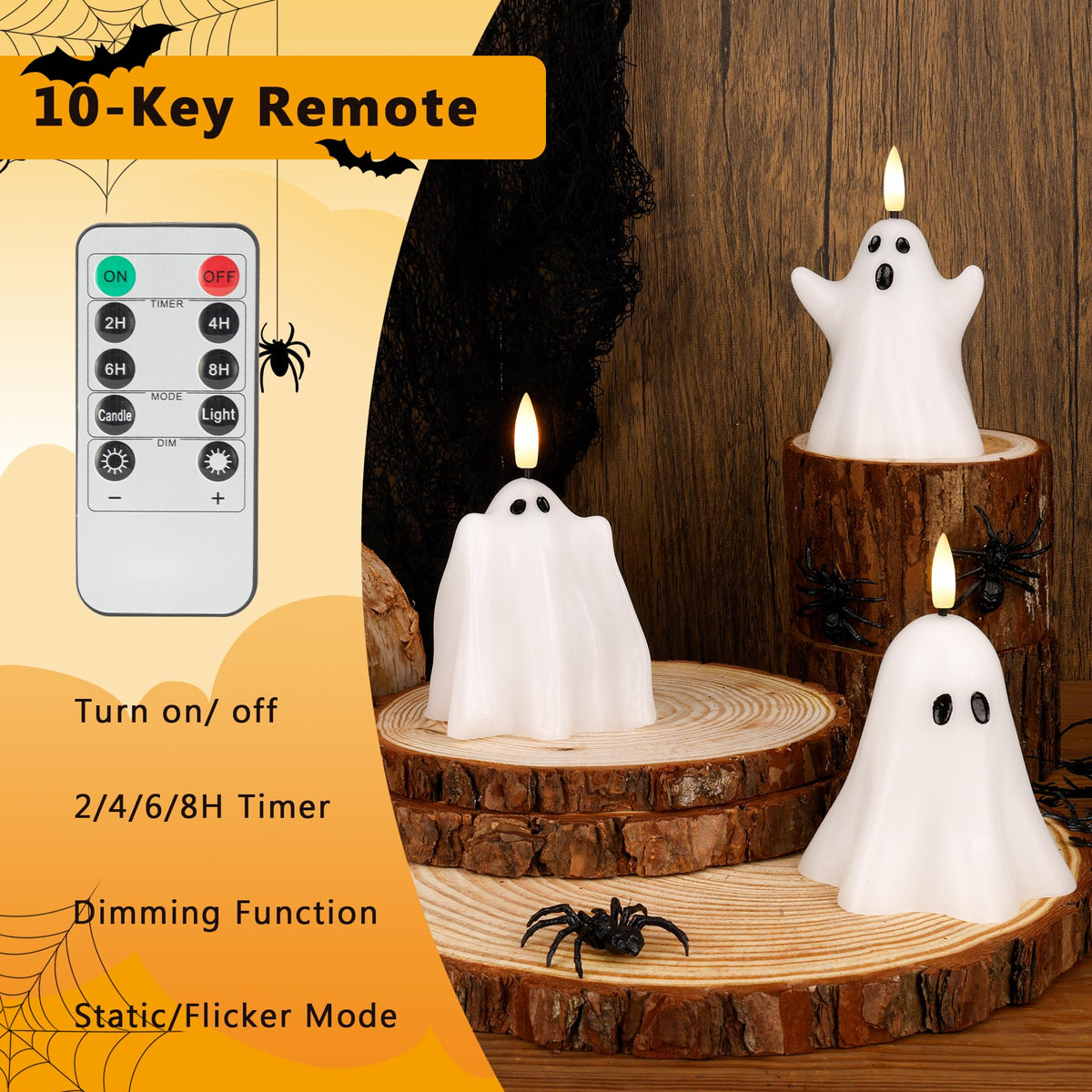 AFINETH Halloween Flameless Candles with Remote, Real Wax Ghost LED Candles, Flickering Battery Operated Fake Candle, Halloween Decorations for Table,Fireplace, Home, Party, Festival Decor (Set of 3)